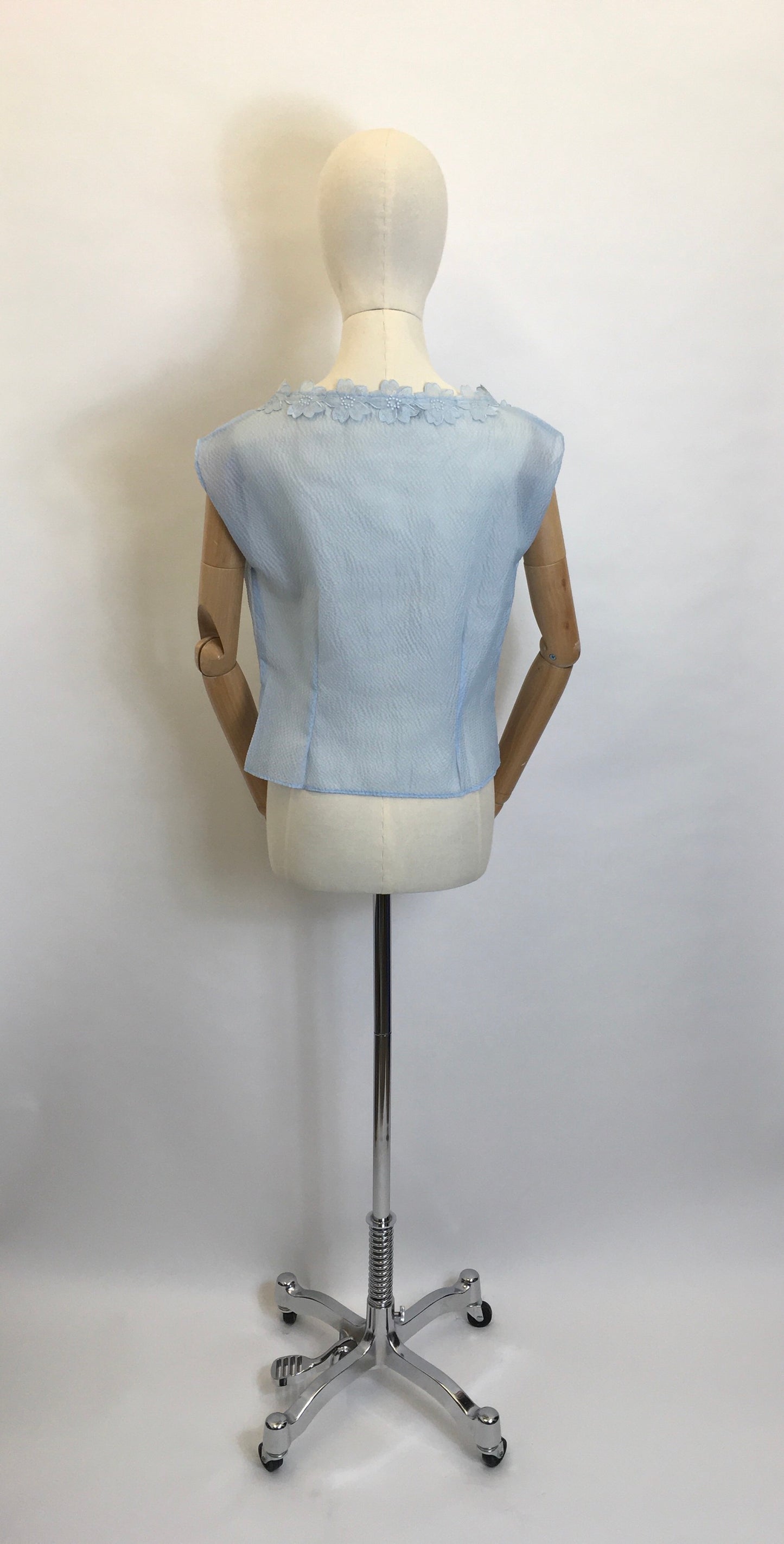 Original 1950’s Sheer Blouse in a lovely Powder Blue - Featuring Floral Detailing to the Neckline