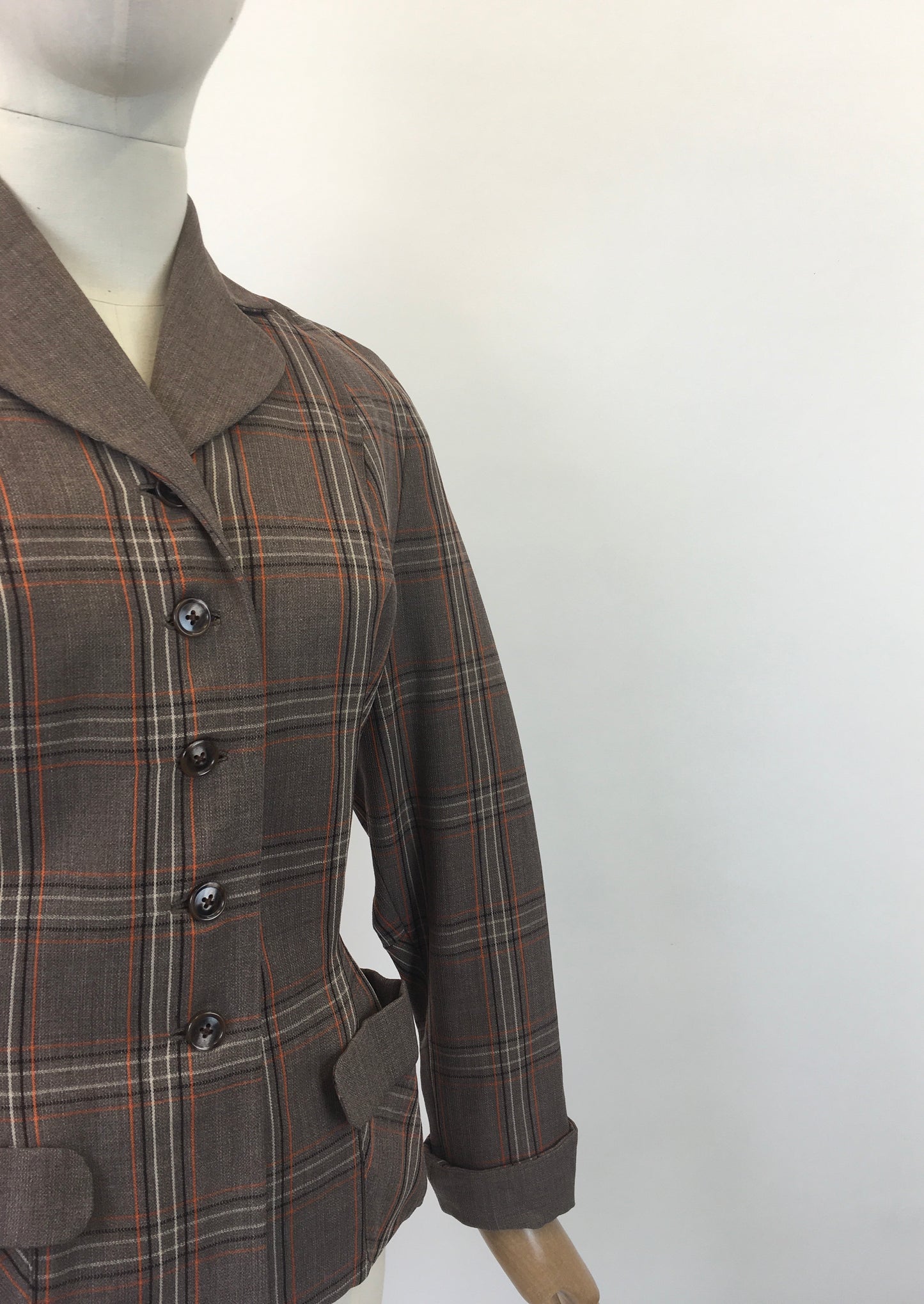 Original 1940's Gorgeous Plaid Jacket - In Brown, Zesty Orange and Cream