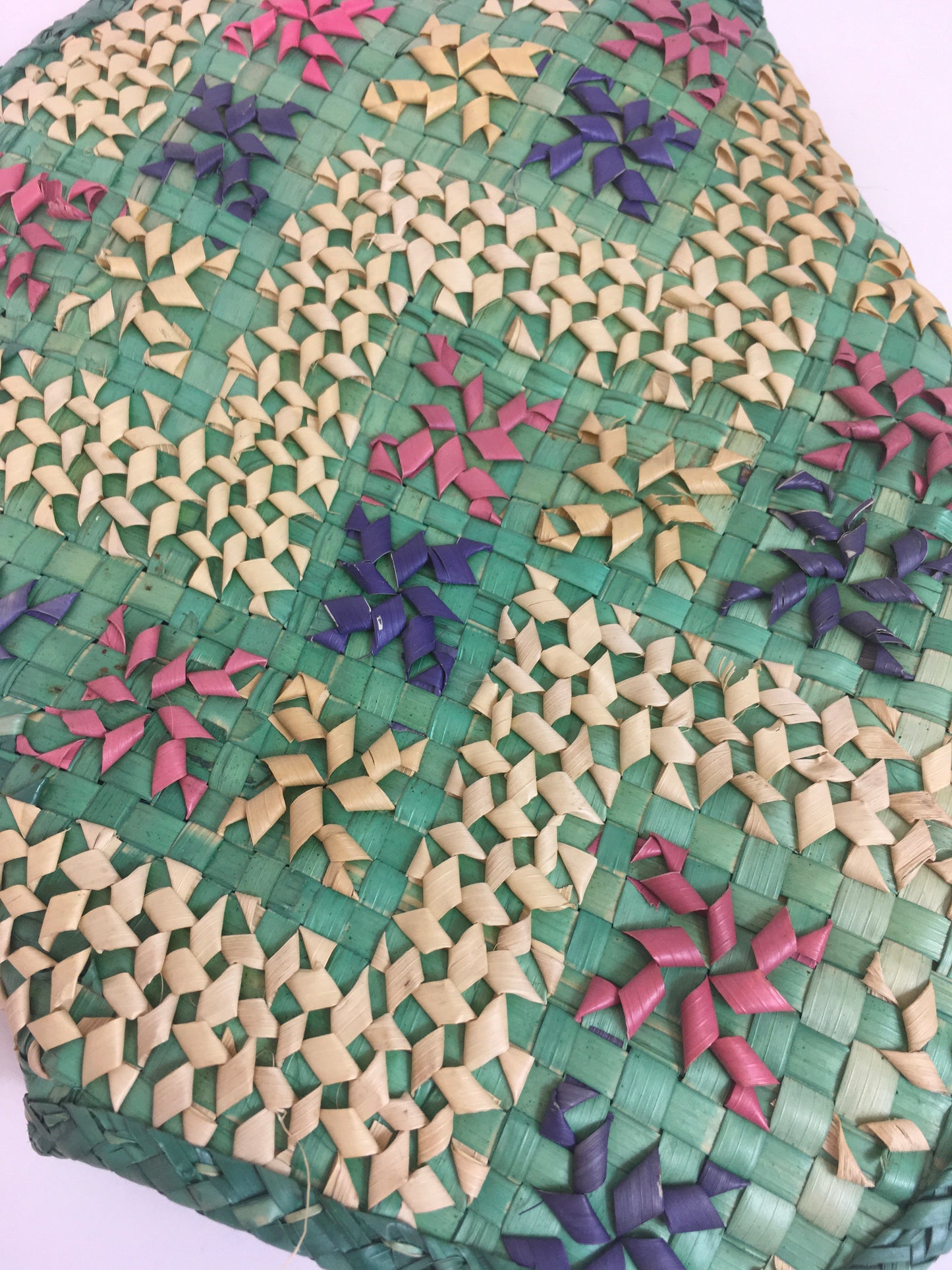 Original 1930’s Eau De Nil Raffia Handbag - With Delicate Rose, Lilac and Beige Hints