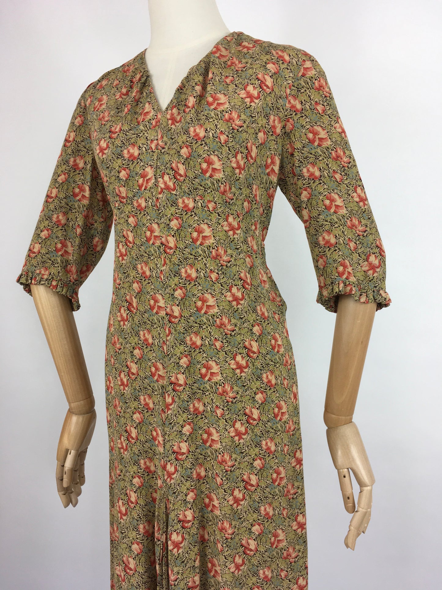 Original 1930s Exquisite Dress - In a Breathtaking Colour Palette Of Warm Rose Pinks and Reds, Tonal Greens and Powder Blues on a Floral Crepe