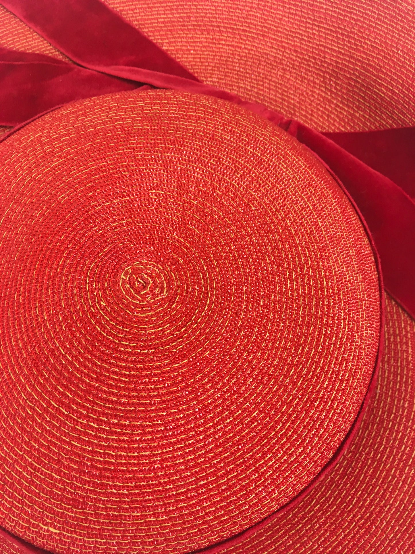 Original 1940’s SENSATIONAL Large Straw Hat - In Red With Contrasting Velvet Bow Trim