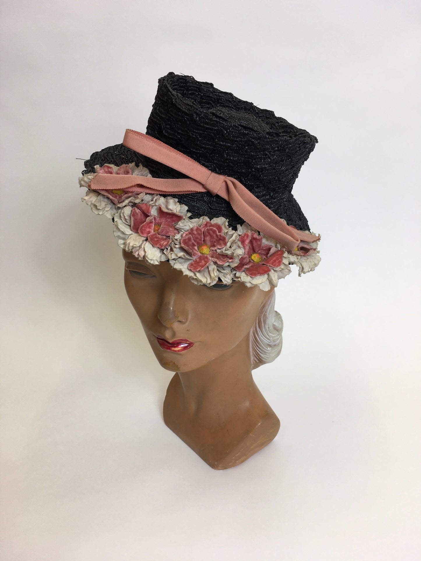 Original Stunning 1940’s Black Topper - Adorned with Pink & Grey Velvet Flowers & Leaves