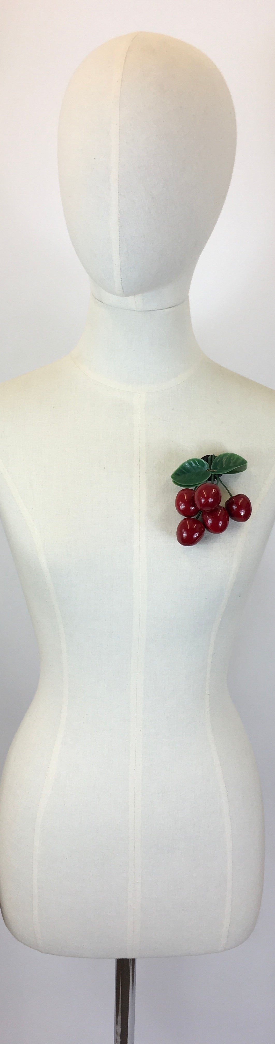 Original 1950's Fabulous Bunch Of Cherries Brooch - In Glossy Cherry Red & Green