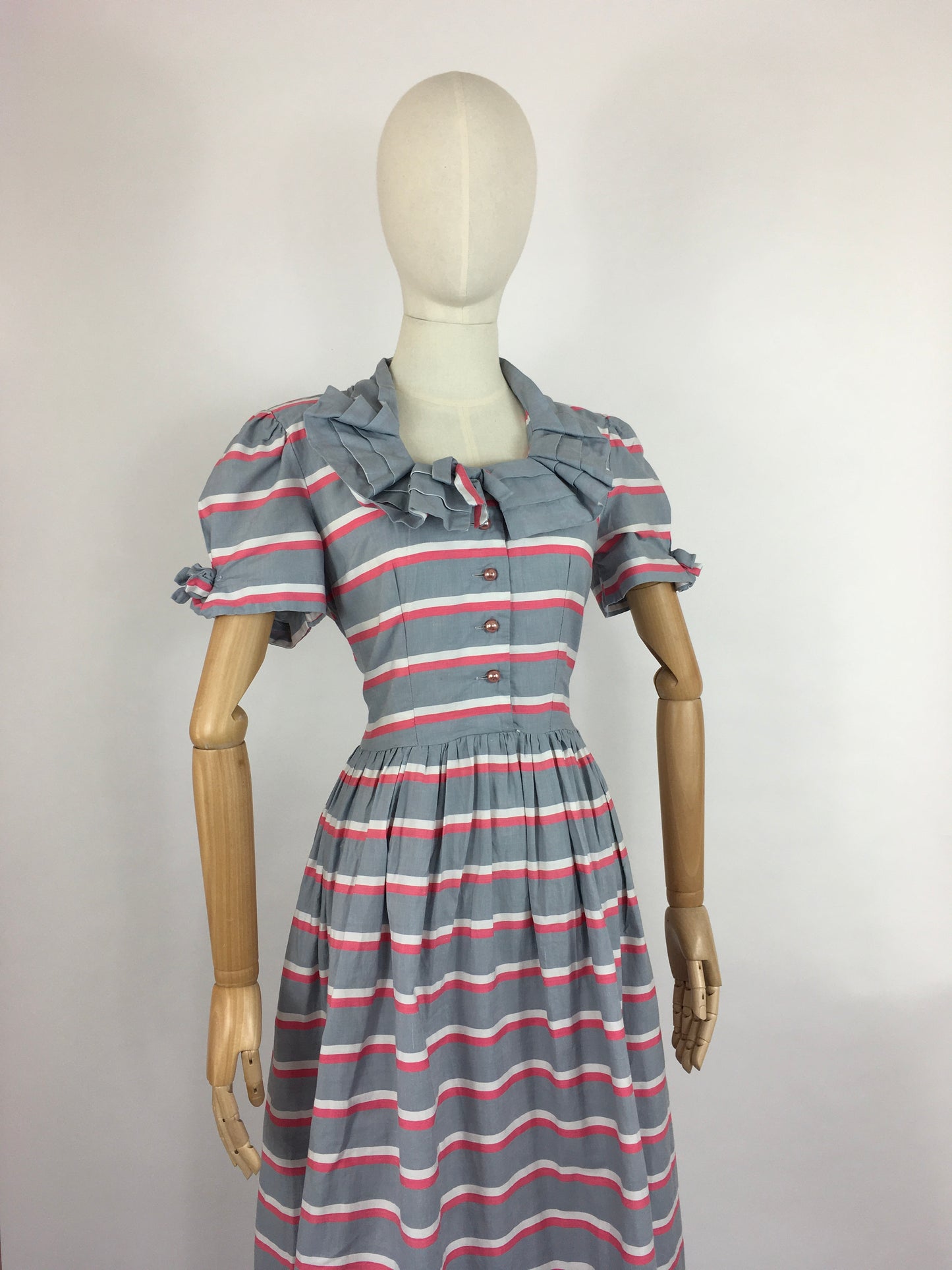 Original Early 1940s Cotton Day Dress - Lovely Stripe In Soft Greys, Bright Pinks and White