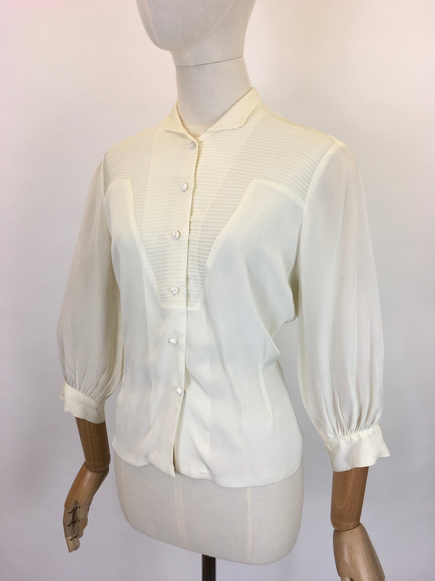 Original Late 1940’s Cream Blouse - With Lovely Pleated Detailing To The Bodice