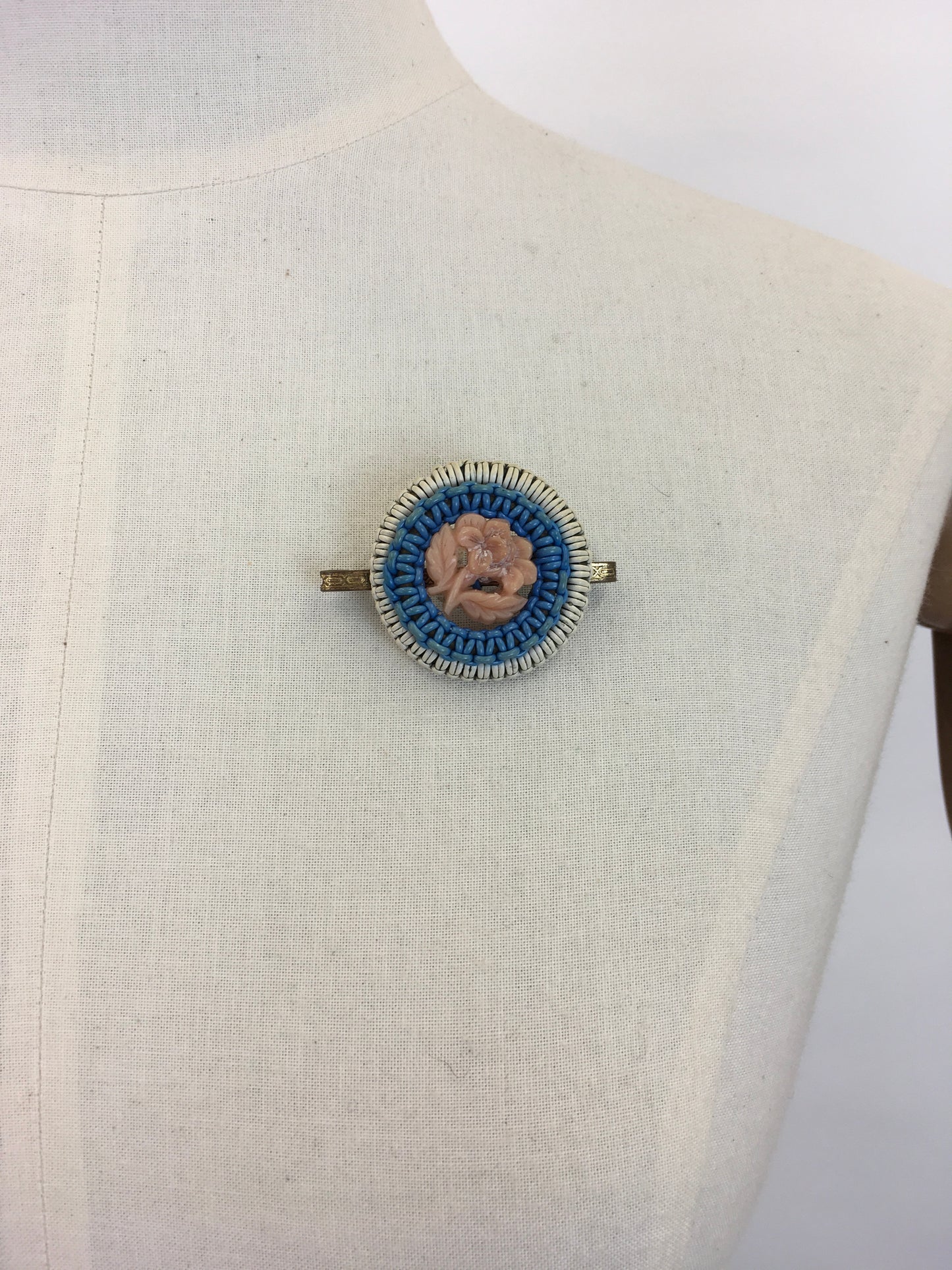 Original 1940’s Make Do and Mend Telephone Cord Wirework Brooch - In White, Blue and Pale Pink