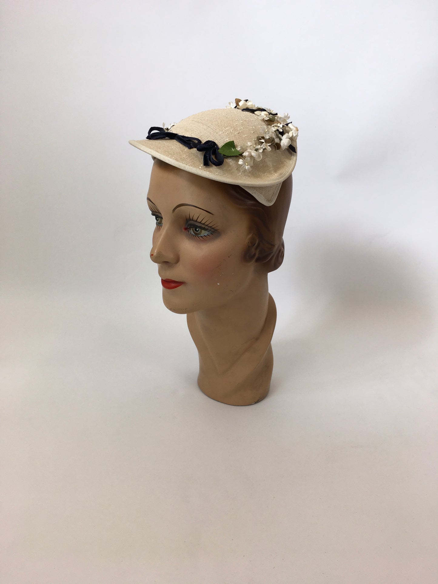 Original 1950’s Darling Natural Straw Headpiece - With Millinery Flora and Navy Velvet Bows