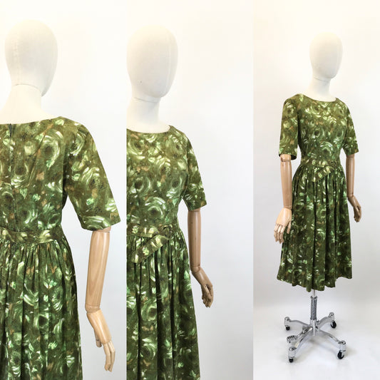 Original 1950's Darling Cotton Day Dress  - In Fresh Greens & Chocolate Browns