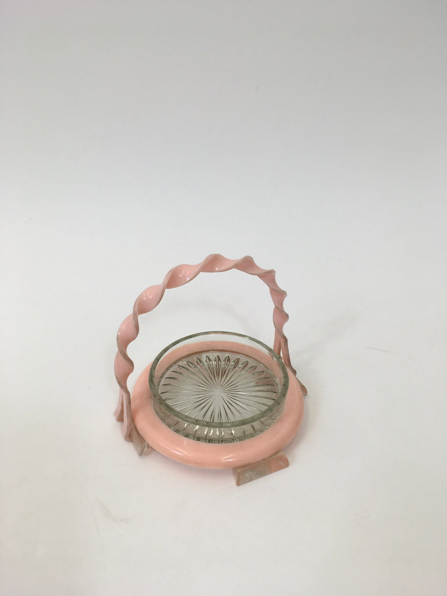 Original 1940's / 1950's Fabulous Lucite and Glass Trinket Dish - With Twisted Handle in Pastel Pink