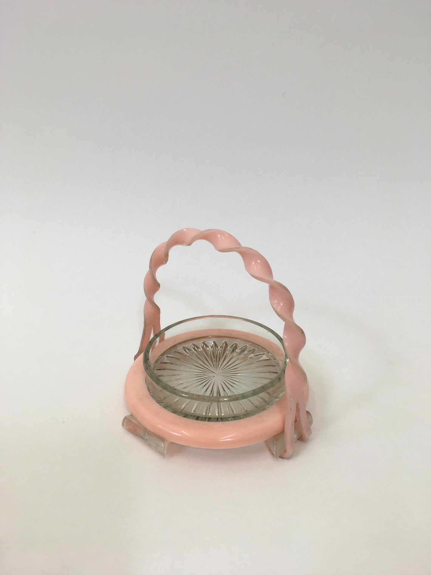 Original 1940's / 1950's Fabulous Lucite and Glass Trinket Dish - With Twisted Handle in Pastel Pink