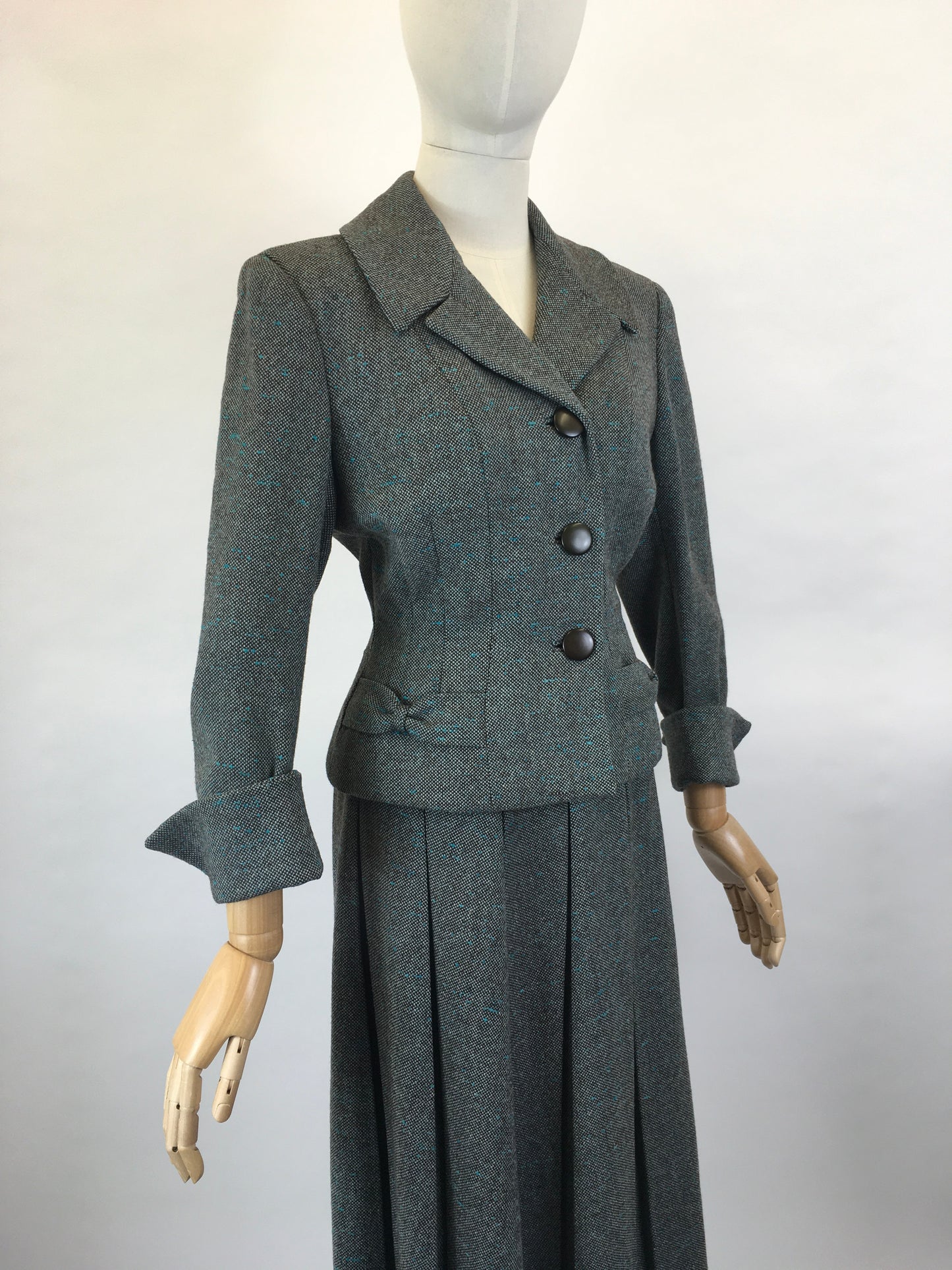 Original late 1940’s 2pc Woollen Suit by ‘ Harella’ - Grey Toned with a Bright Teal Fleck