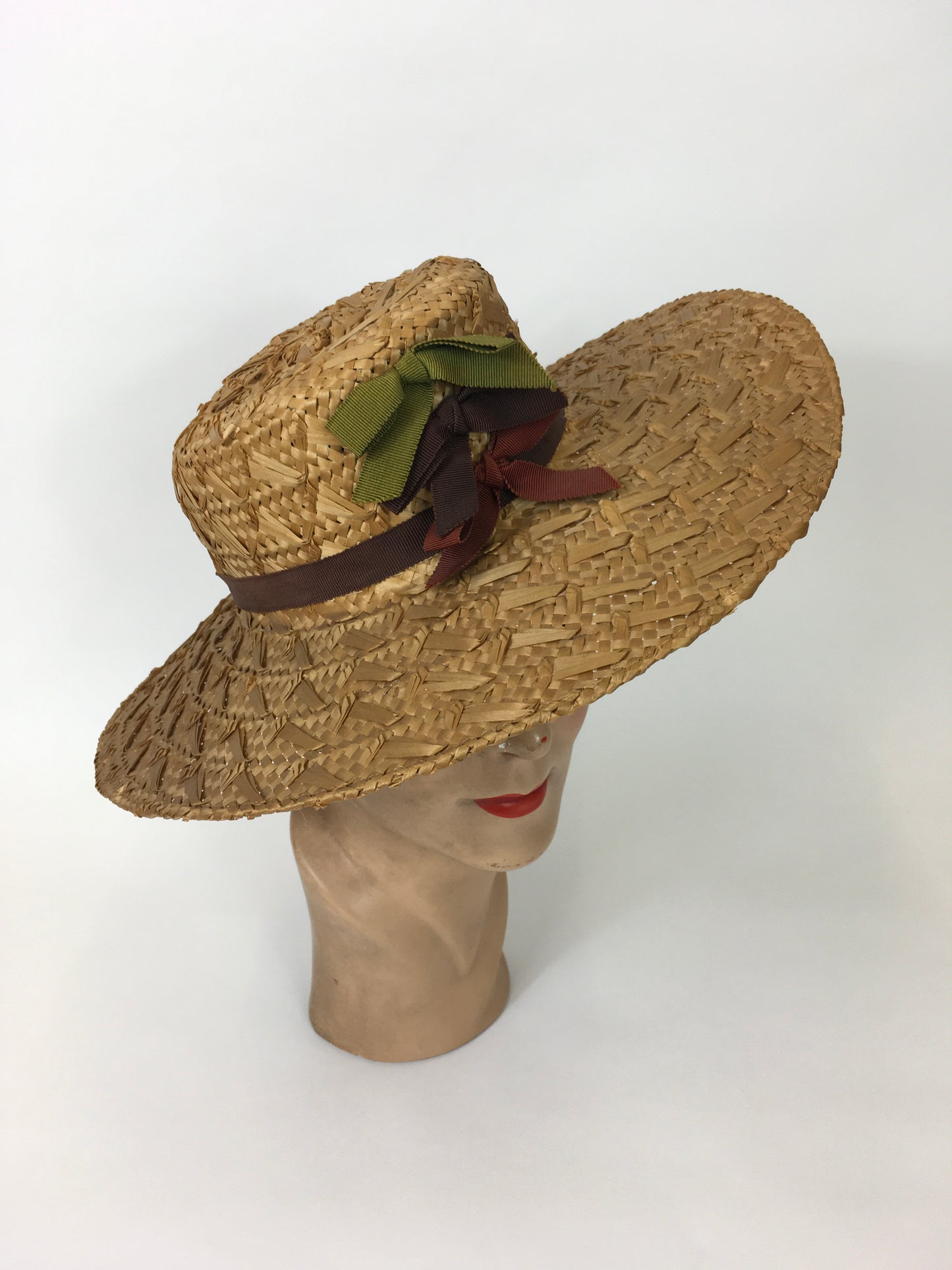 Original 1940’s Straw Hat With Grosgrain Ribbon - In Warm Browns, Grassy Greens and Maroons