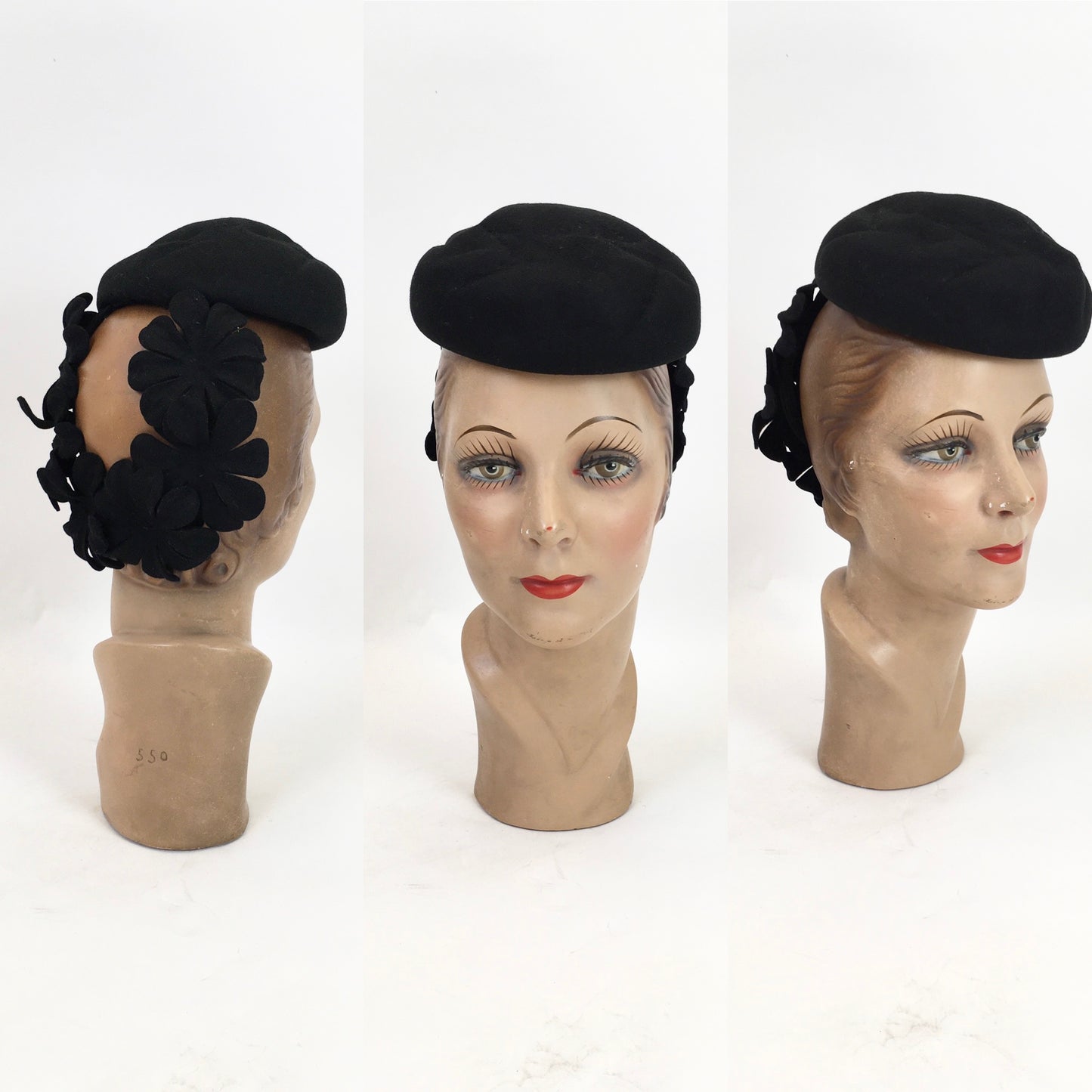 Original 1940's Darling Black Tilt Topper Hat - With Floral Adorned Back Plate