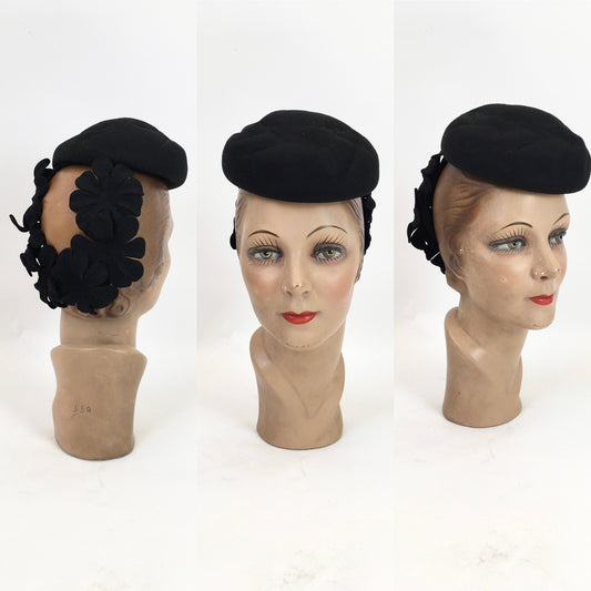 Original 1940's Darling Black Tilt Topper Hat - With Floral Adorned Back Plate