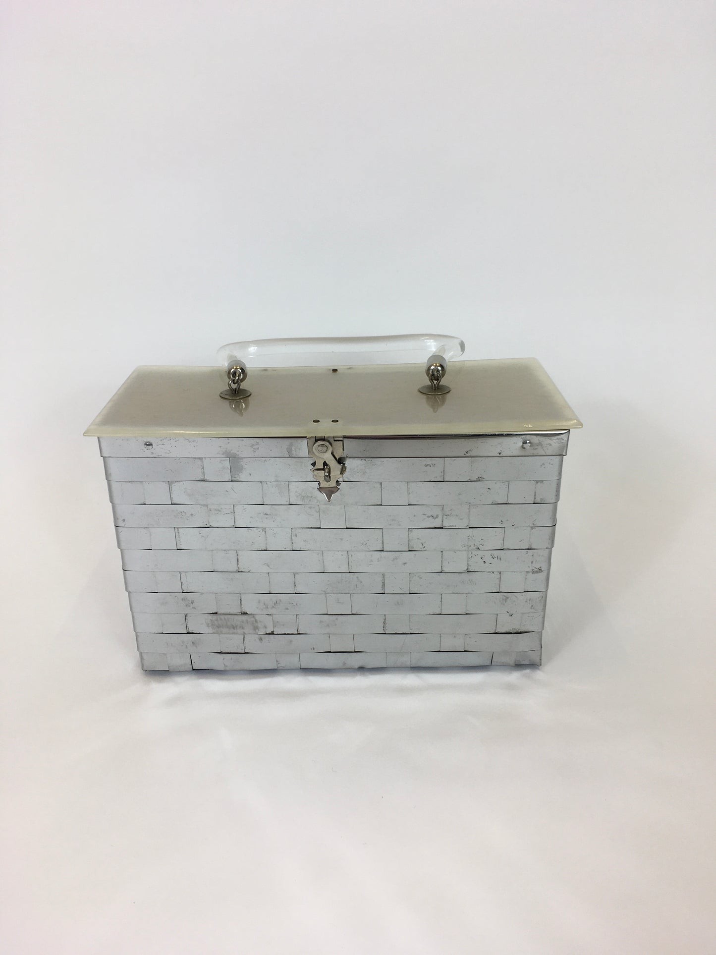Original 1950’s Metal Lattice Work Box Bag - With Lucite Lid and Handle