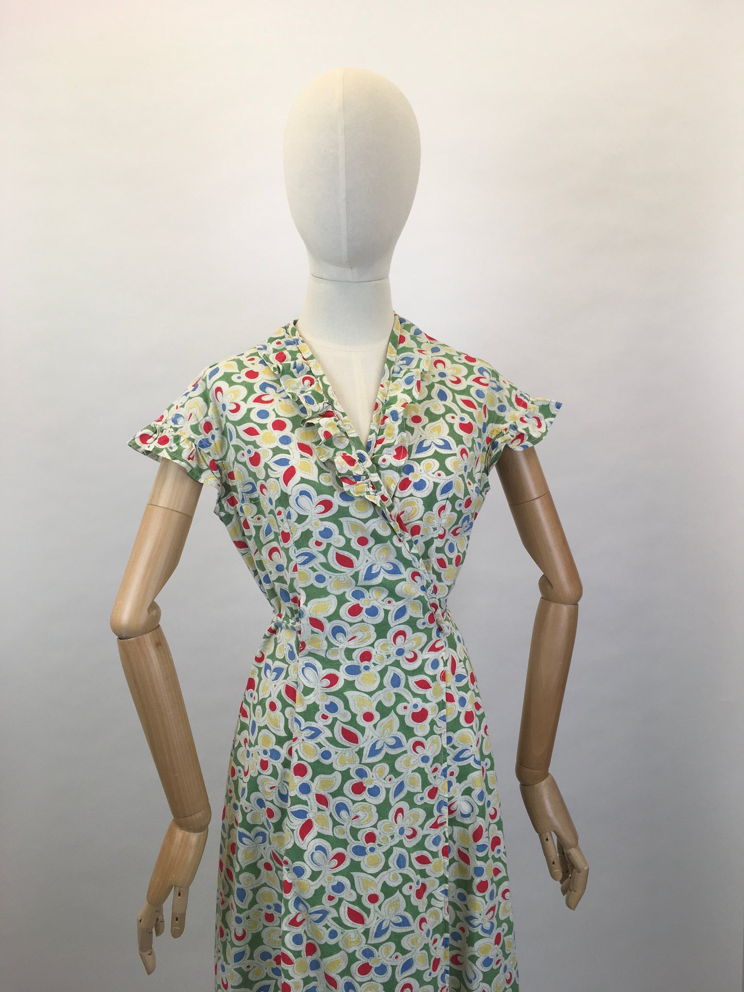 Original Late 1930s Early 1940’s Wrap Dress - In A Beautiful Colour Palette of Deco Green, Yellow, Red and Blue