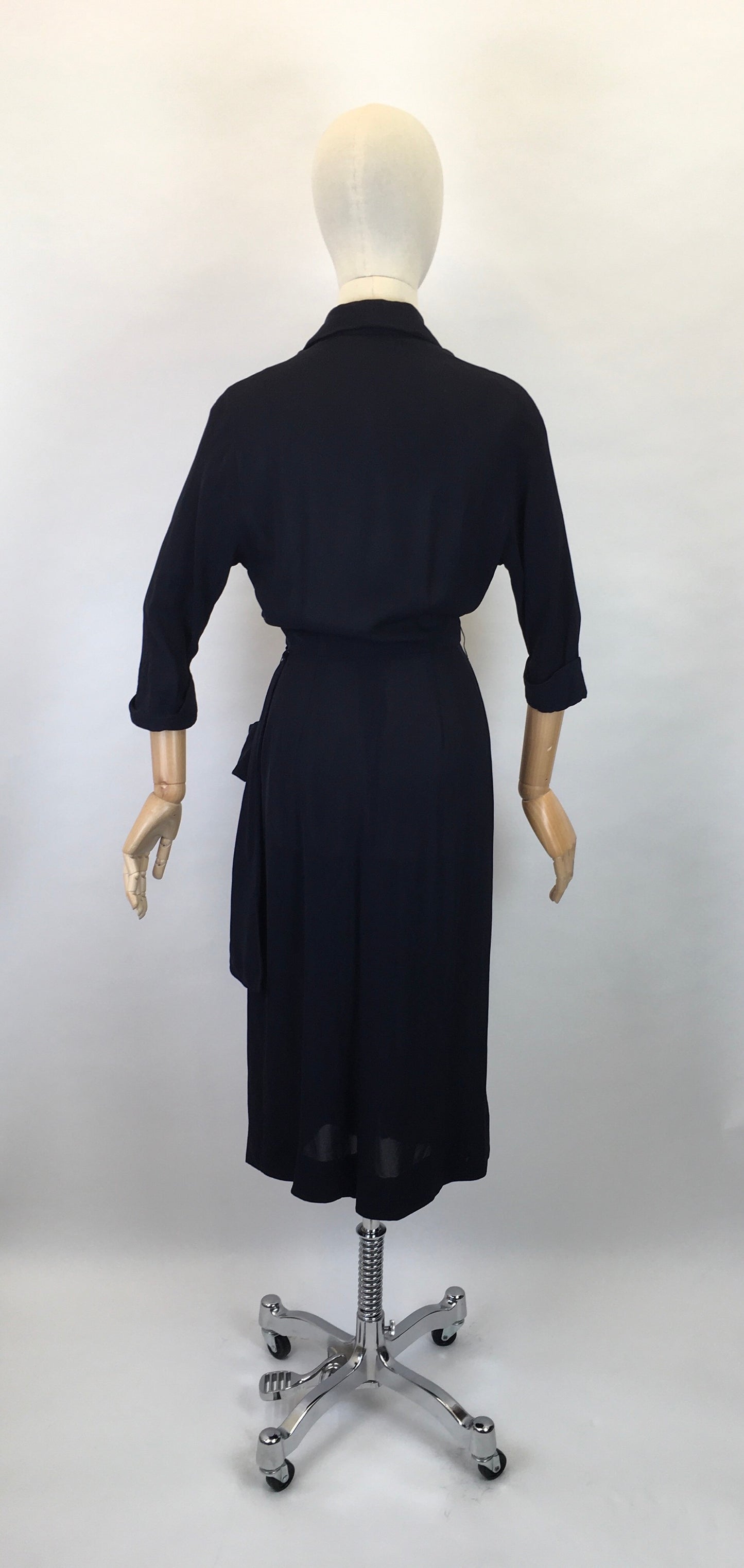 Original 1940s Stunning ‘ Herbert Stonheim ‘ Couture Dress - In a Navy Sheer Rayon with Wrap Hip Swag and Pocket