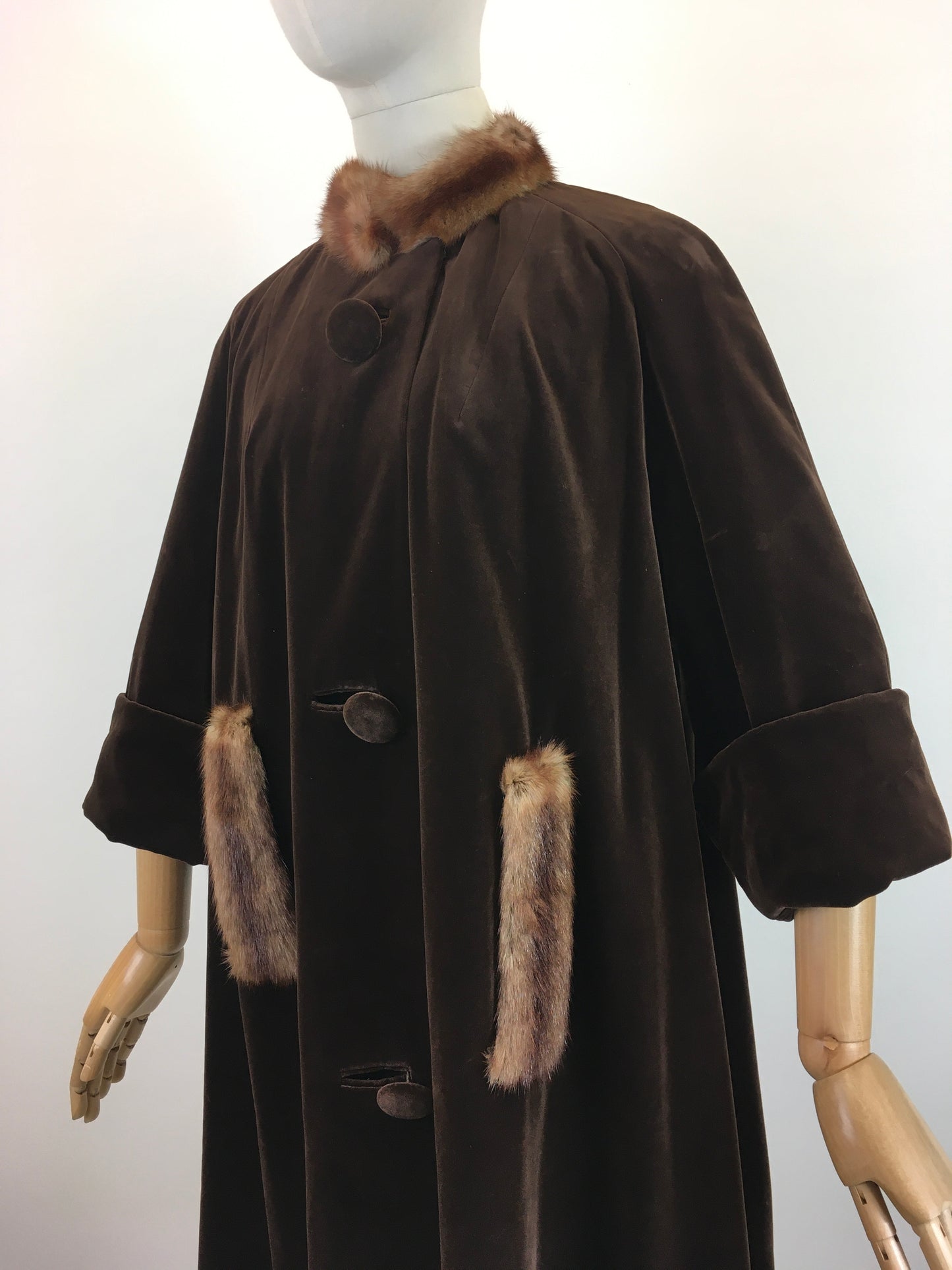 Original 1950's Stunning Velvet Swing Coat - In Chocolate Brown With Fur Trim
