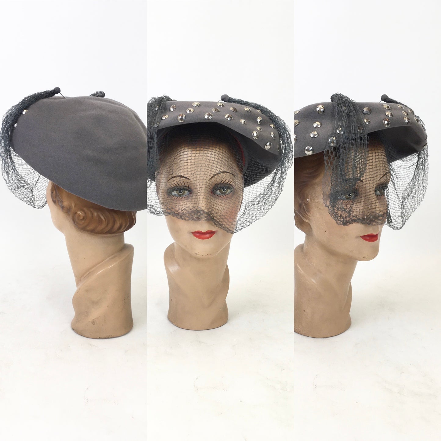 Original 1940's Stunning Studded Hat with Veiling - In A Powdered Grey