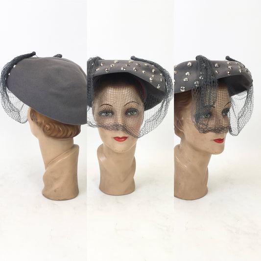 Original 1940's Stunning Studded Hat with Veiling - In A Powdered Grey