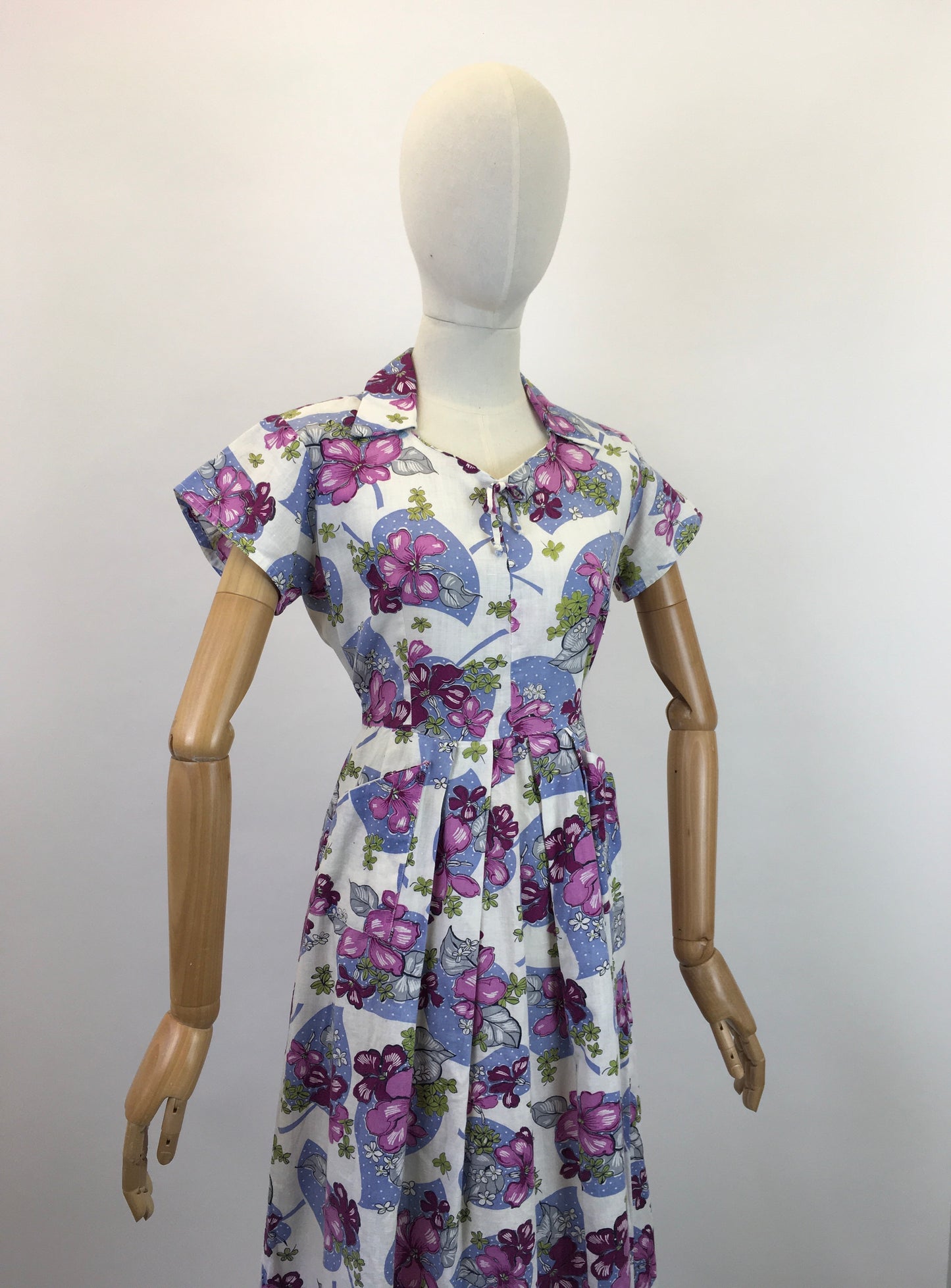 Original 1940's Lovely Cotton Day Dress - In Purple, Pink, Magenta and Green