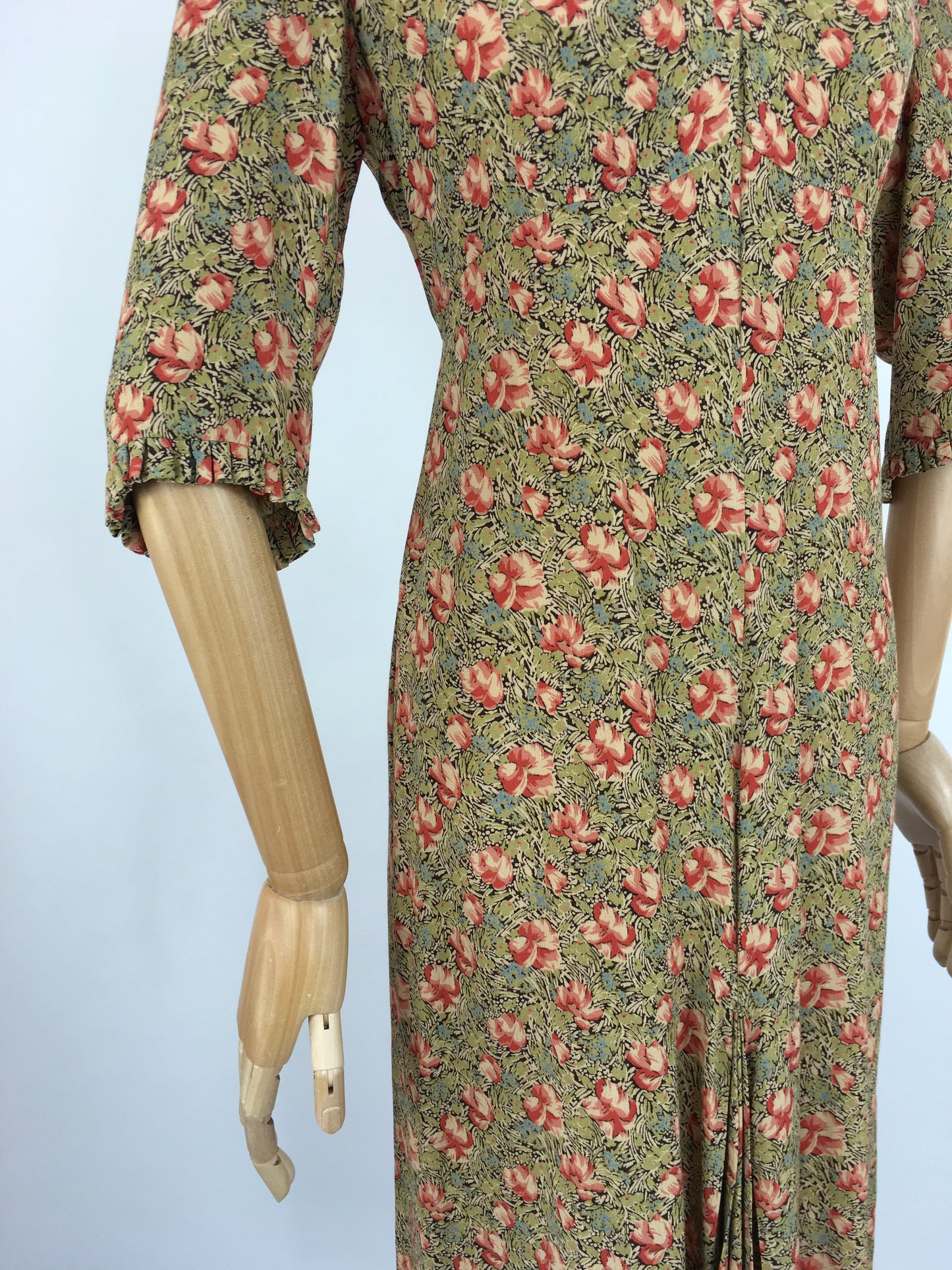 Original 1930s Exquisite Dress - In a Breathtaking Colour Palette Of Warm Rose Pinks and Reds, Tonal Greens and Powder Blues on a Floral Crepe