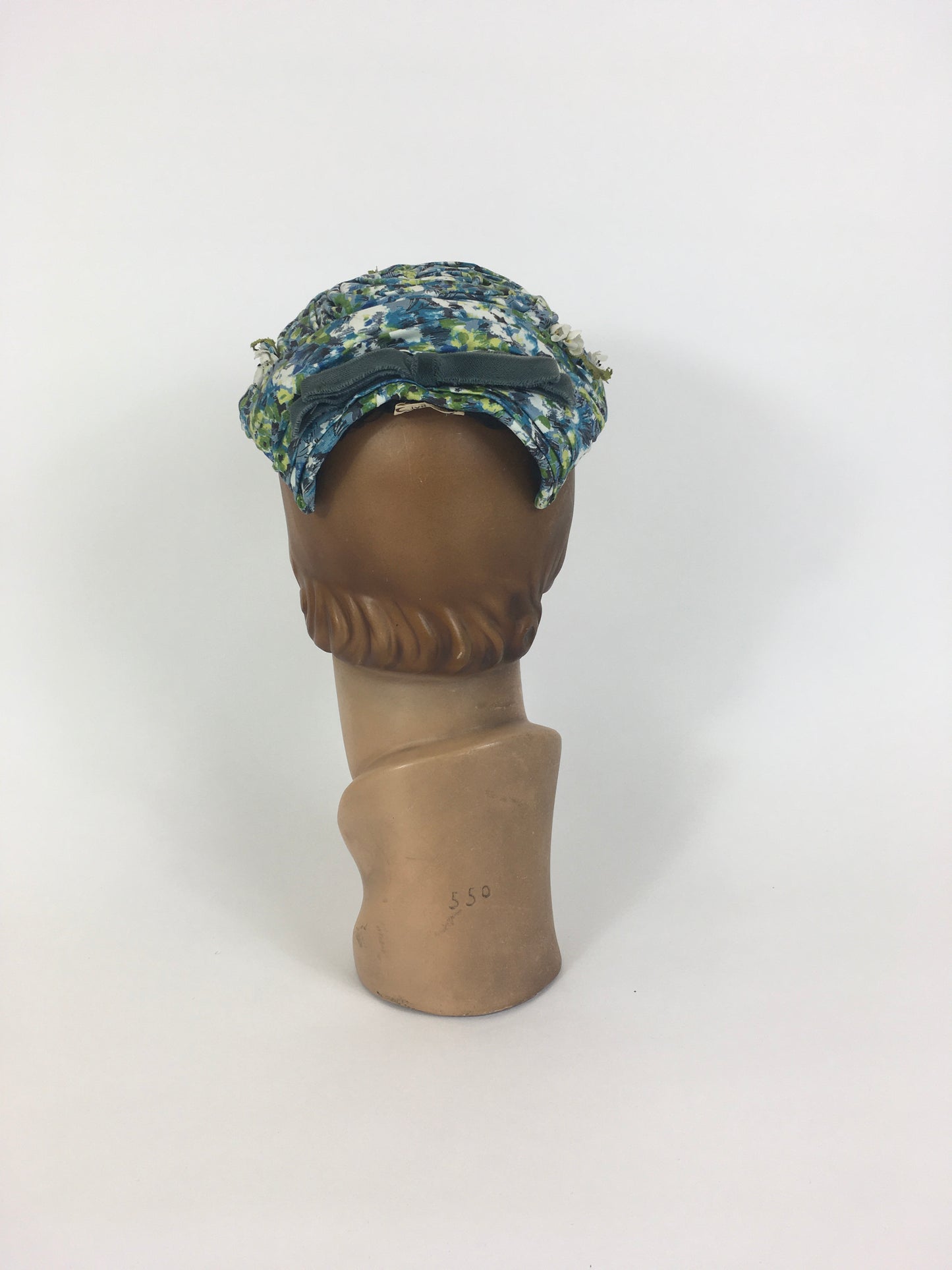 Original 1950’s Darling Floral Headpiece With Flora & Velvet Trim - In Blues, Greens & Ivory