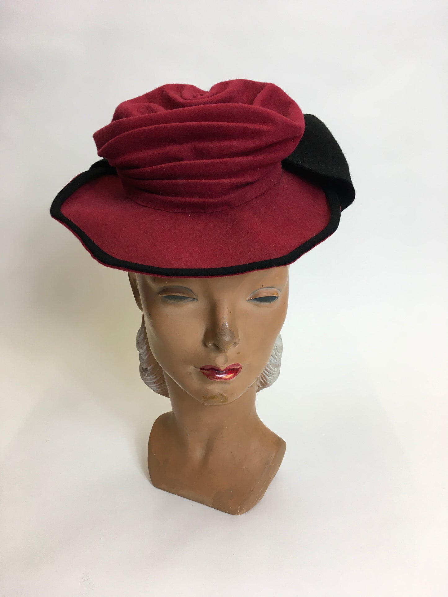 Original 1940’s Felt Topper Hat - In a Raspberry Red with Black Detailing