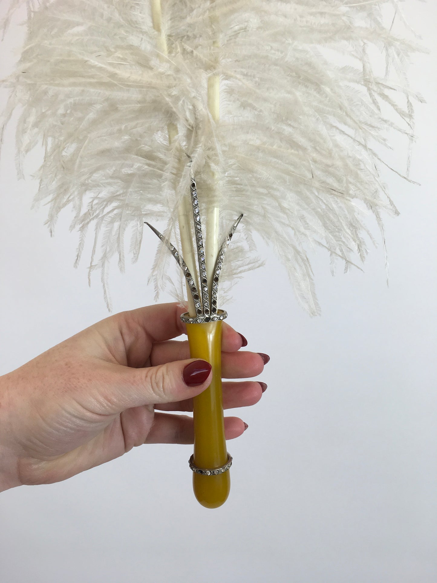 Original 1920's Fabulous Single Feather Plume with Encrusted Early Plastic Handle - Worn in 1926 To a Brides Evening Celebration