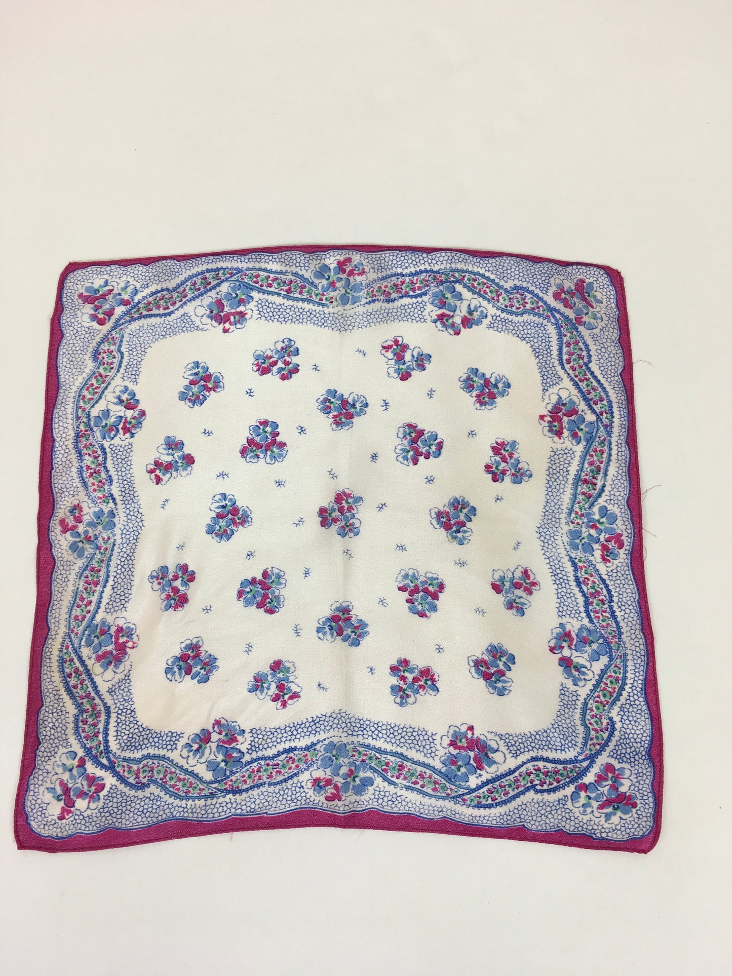 Original 1940’s Rayon Hankie - In Cerise Pink, Ivory and Blue