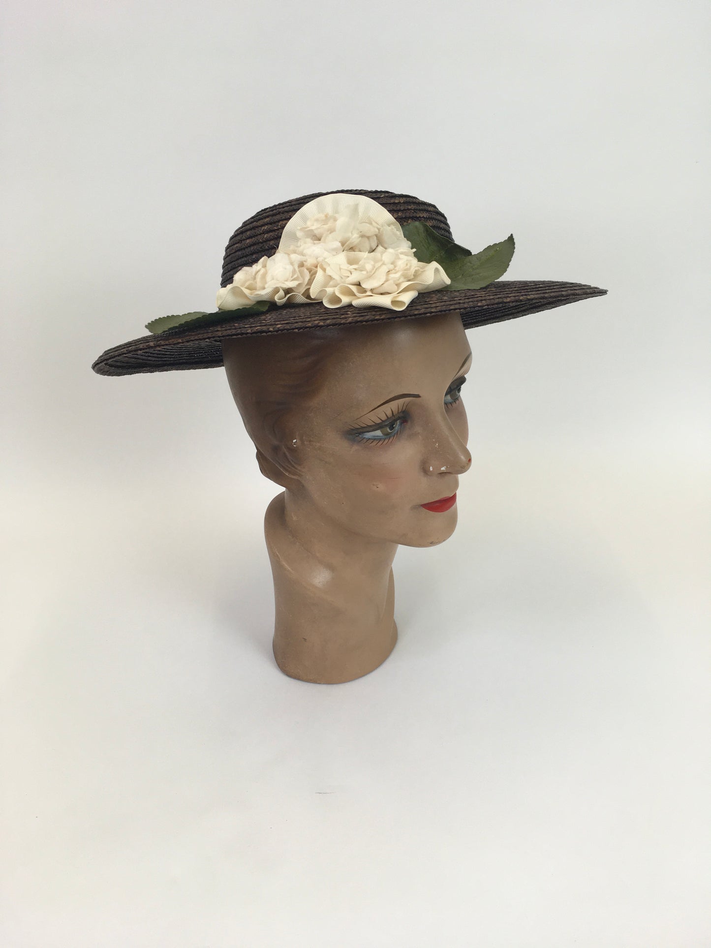 Original Late 1930's Early 1940's Fabulous Brown Straw Hat - With Delicate Cream Floral Millinery