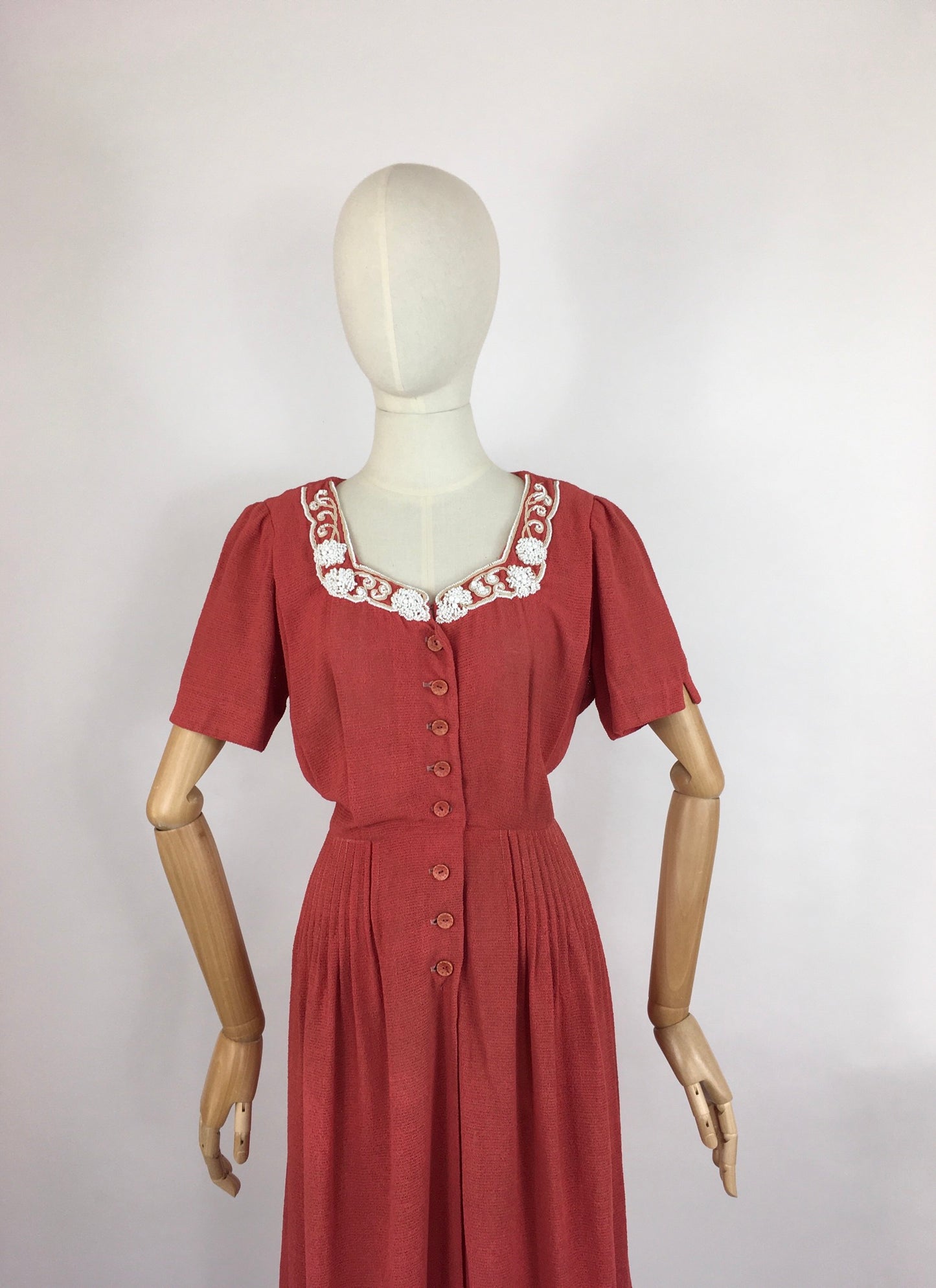 Original 1940’s Dress By ‘ Travelcraft by Sportscraft’ - In a Beautiful Deep Coral with White Floral Beadwork