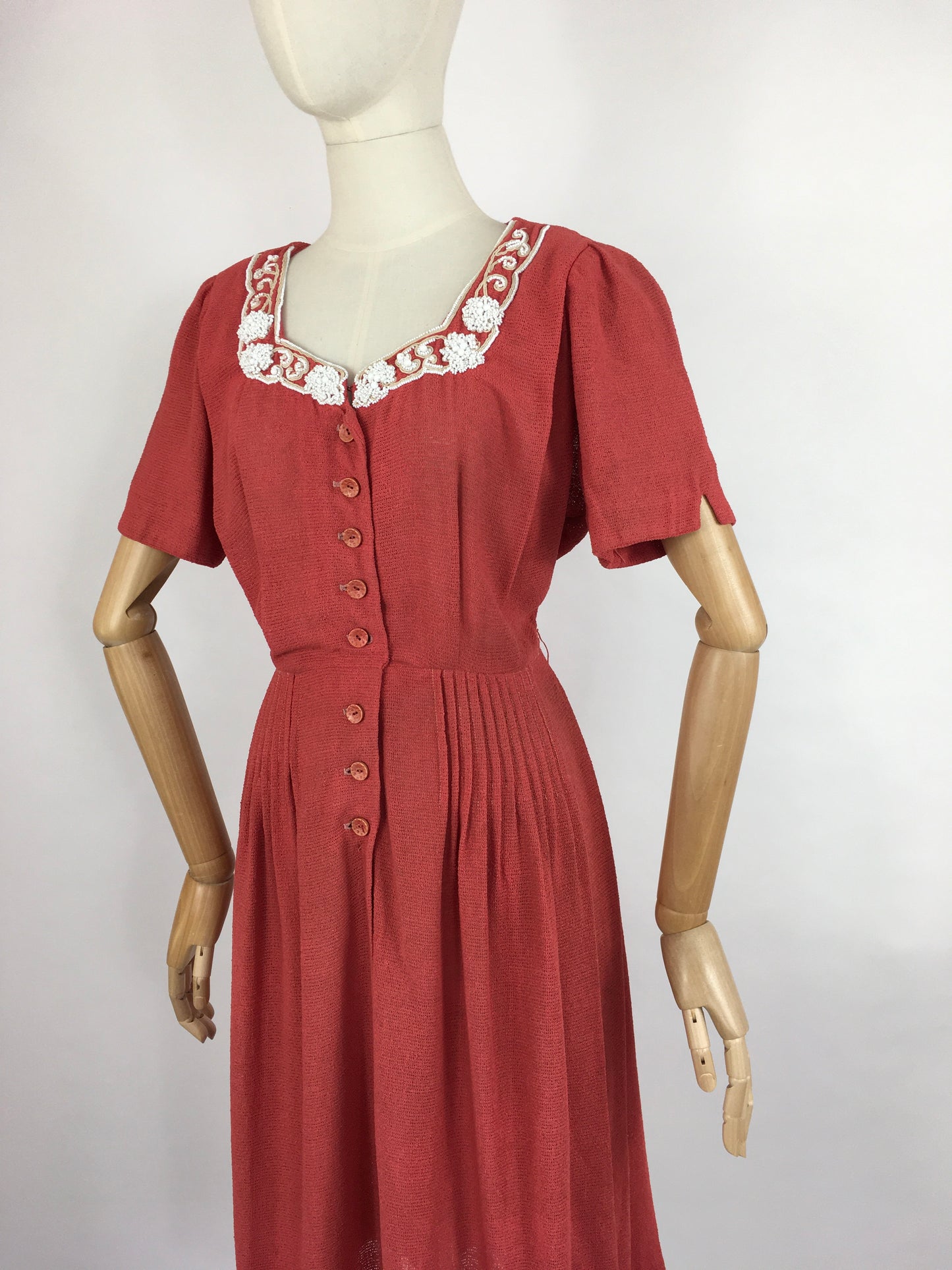 Original 1940’s Dress By ‘ Travelcraft by Sportscraft’ - In a Beautiful Deep Coral with White Floral Beadwork