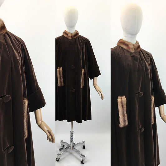 Original 1950's Stunning Velvet Swing Coat - In Chocolate Brown With Fur Trim