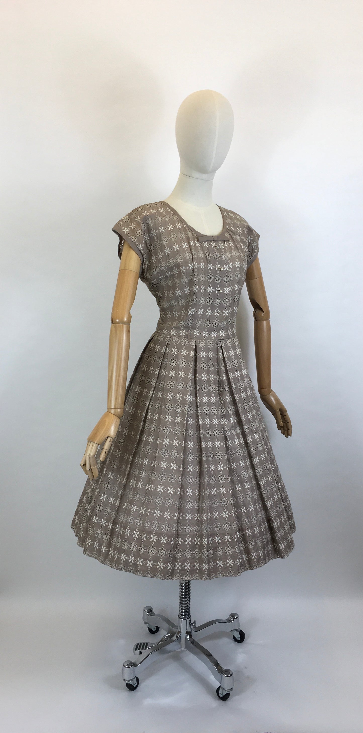 Original 1950’s Darling Broderie Anglaise Cotton Day Dress - In a Soft Fawn with White Accents
