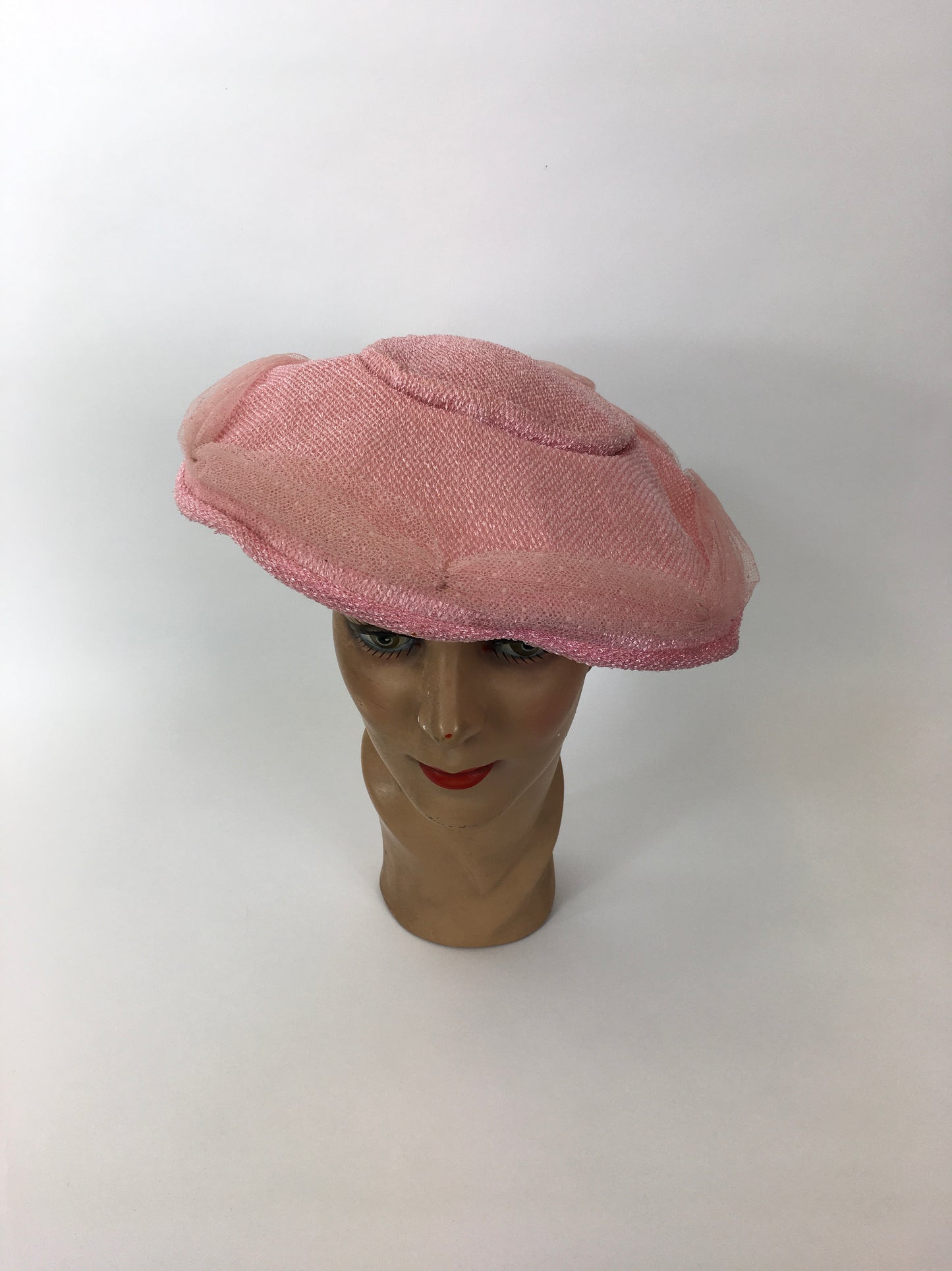 Original 1950’s Darling Powder Pink Platter Hat - With Attached Polka Dot Veiling and Bow