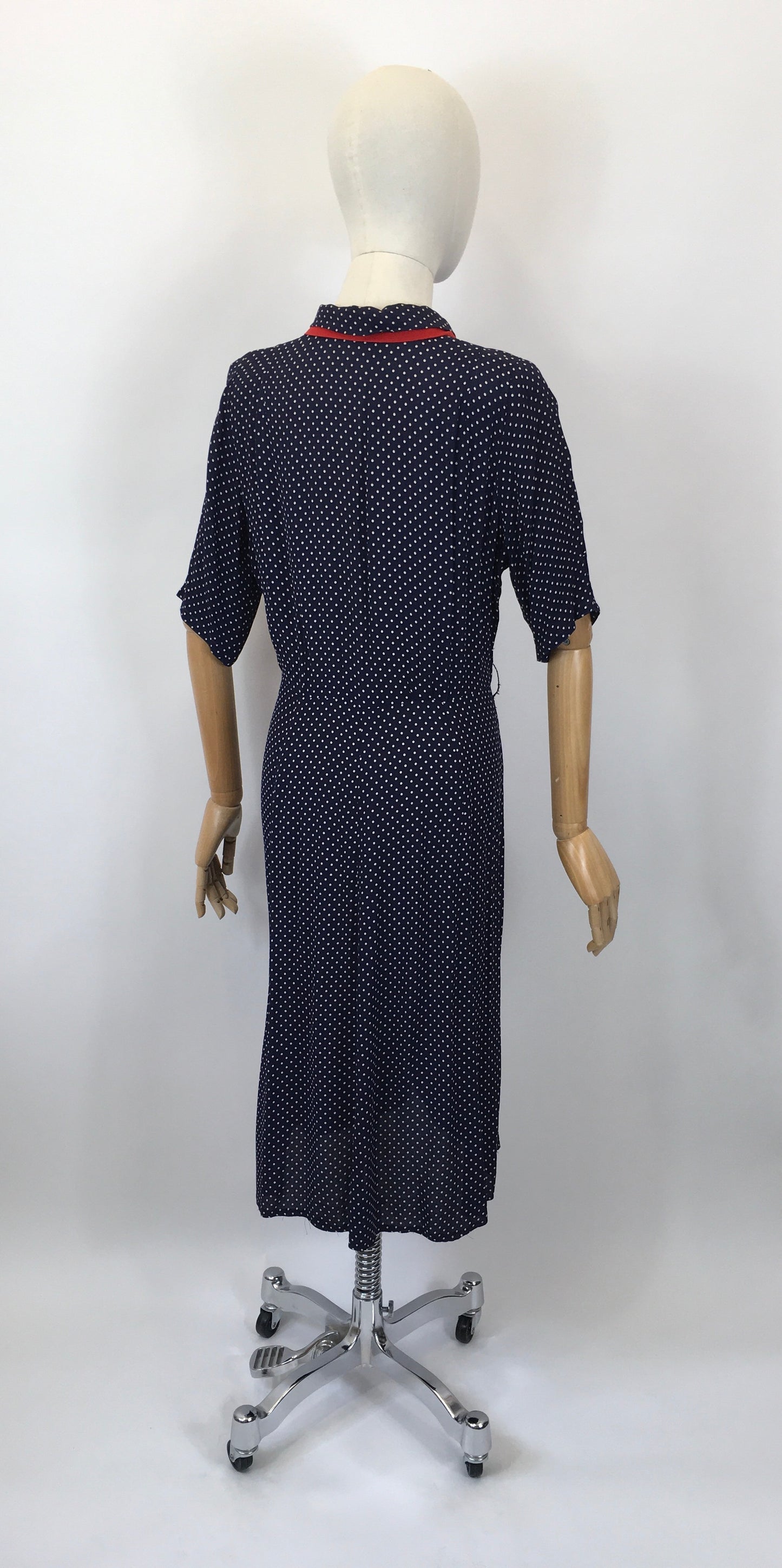 Original 1940's Sensational Volup Rayon Dress - In Navy, White & Red with Contrast Fretwork Embelishment