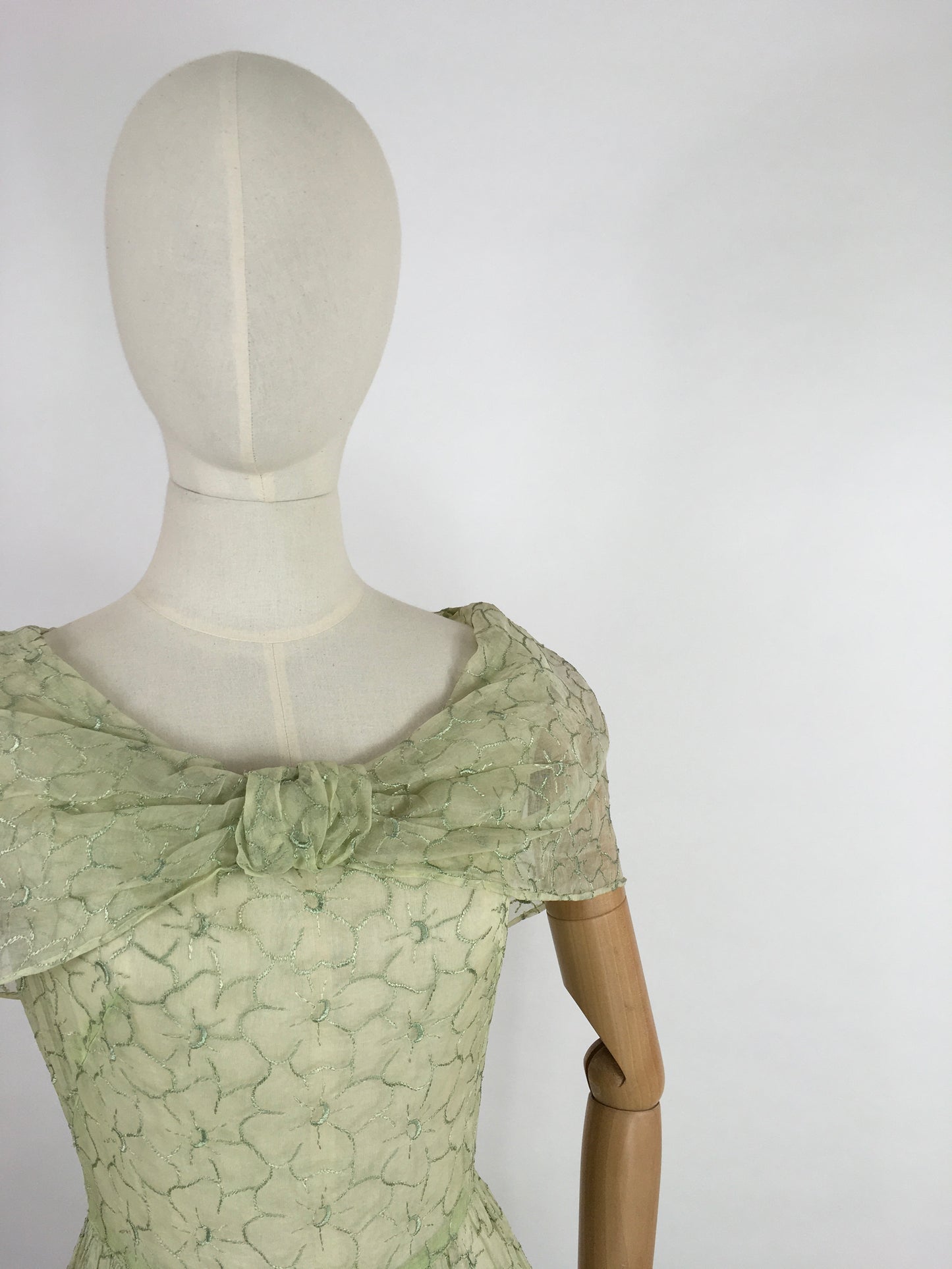 Original 1930s Full Length Summer Dress - In a Beautiful Soft Green Embroidered Cotton Lawn