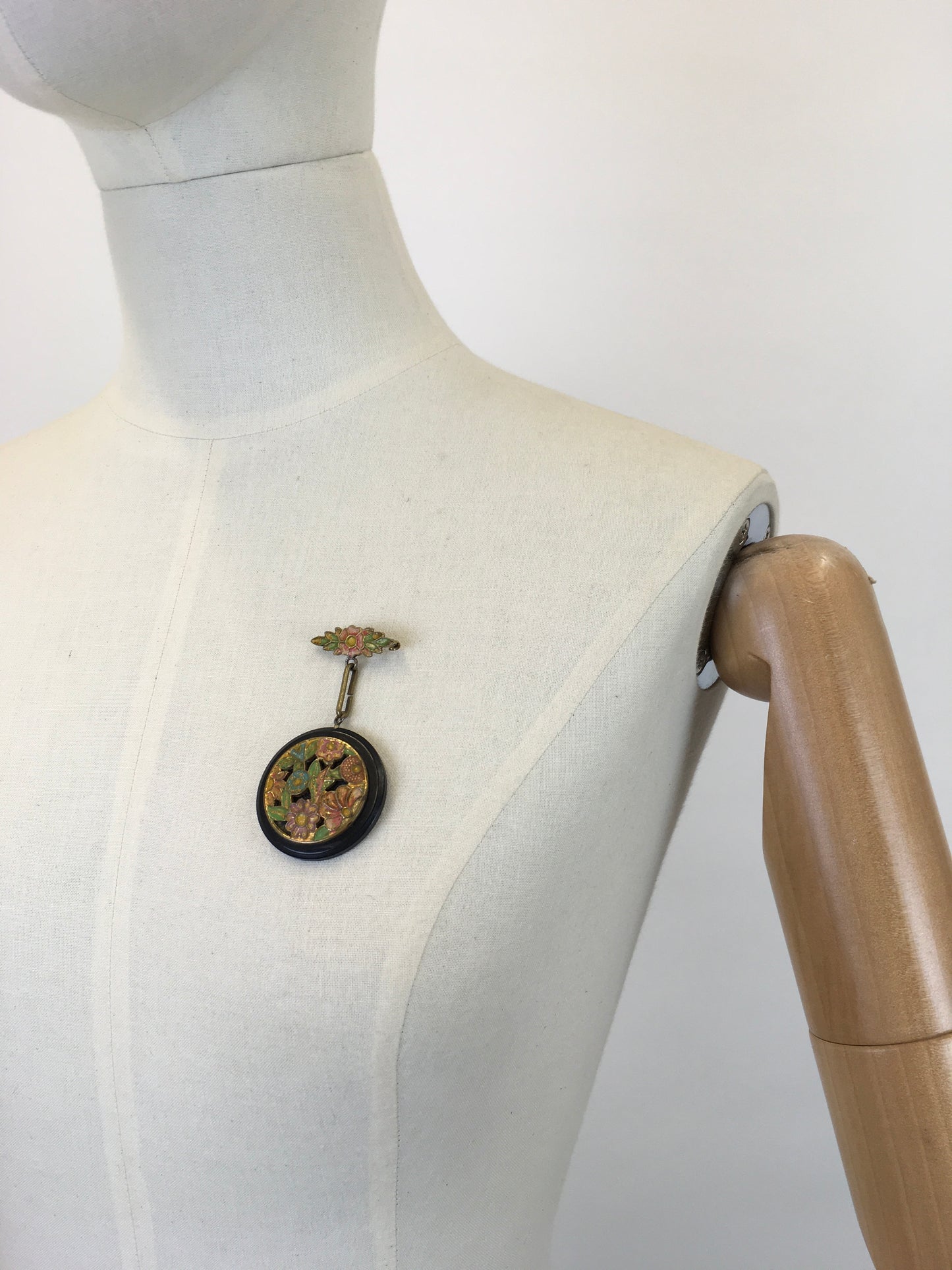 Original 1930’s Dangle Brooch - With Floral Enamel Overlay