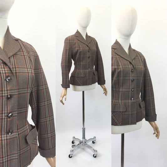 Original 1940's Gorgeous Plaid Jacket - In Brown, Zesty Orange and Cream