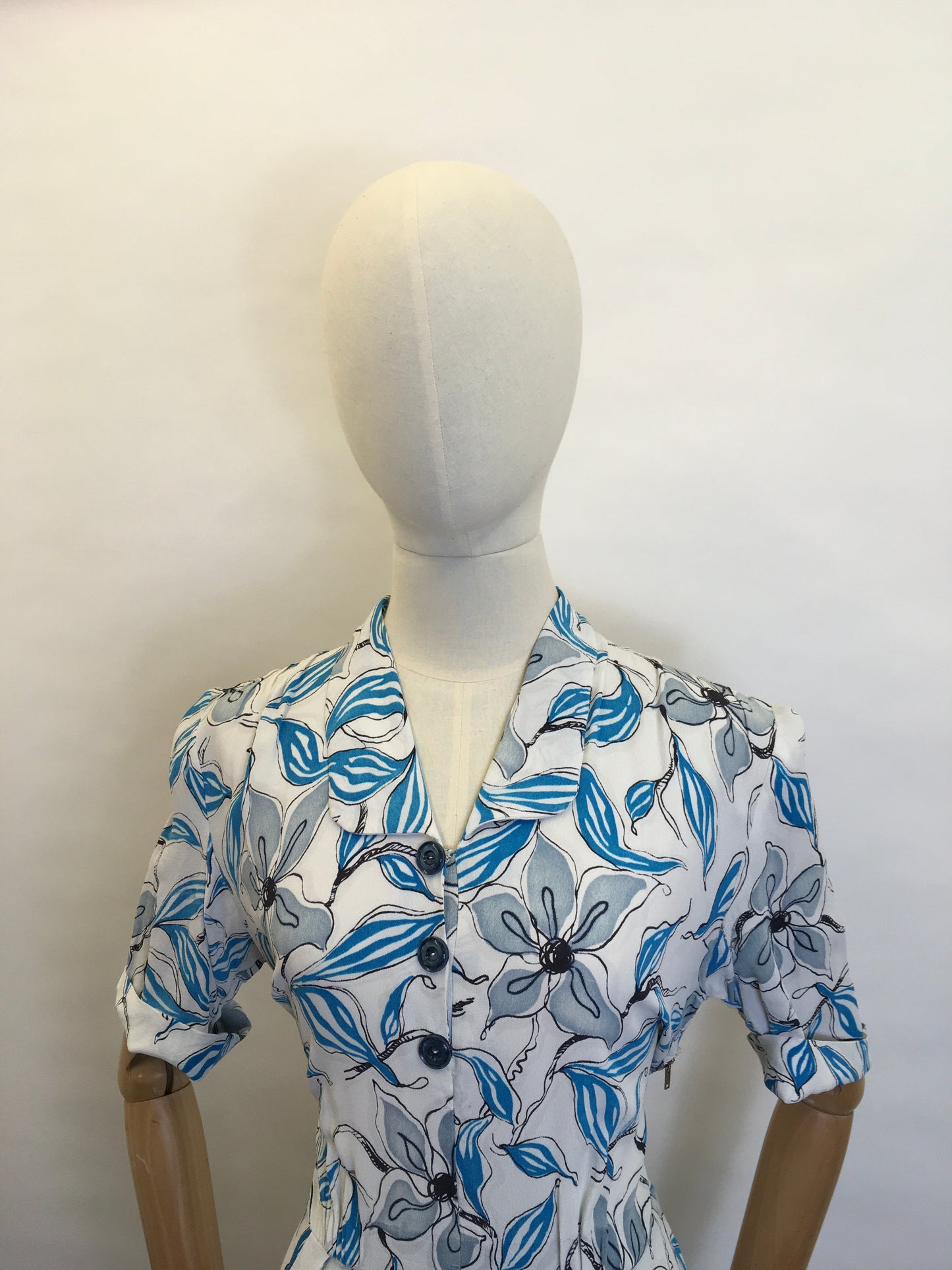 Original 1940’s Crepe Day Dress - Lovely Stencilled Floral in Blues, Blacks and Slate Greys