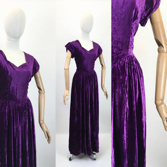Original Late 1930's Early 1940's Silk Velvet Gown - In A Striking Cadbury Purple