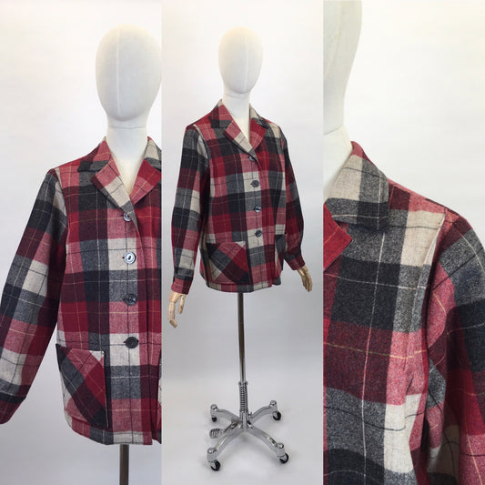 Original 1960’s Pendleton Check Jacket - In Lovely Warm Reds, Black’s and Ivories