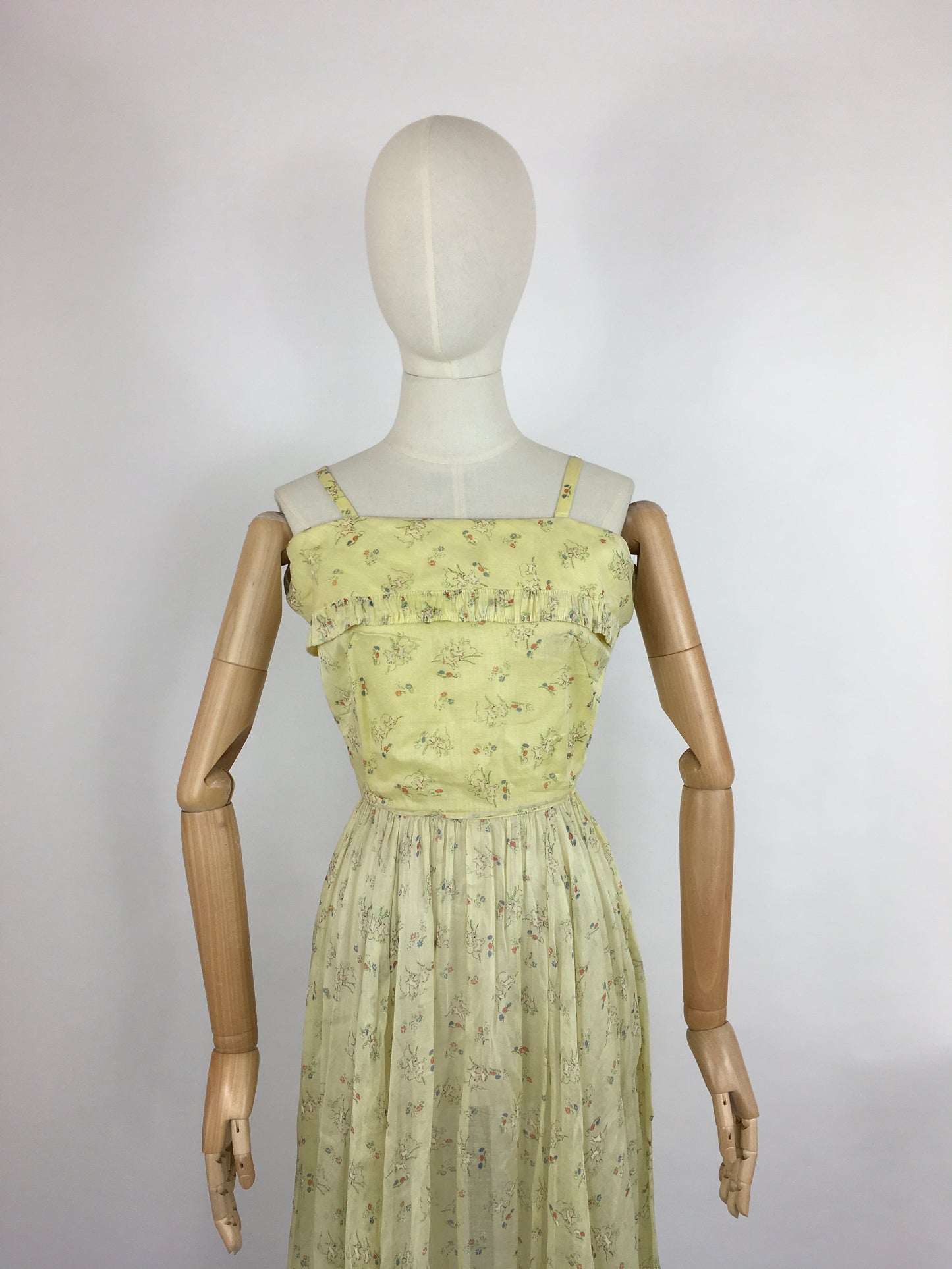 Original 1930s Sundress - In an Amazing Novelty Print Featuring Leaping Lambs and Toadstools On a Pale Lemon Cotton Lawn
