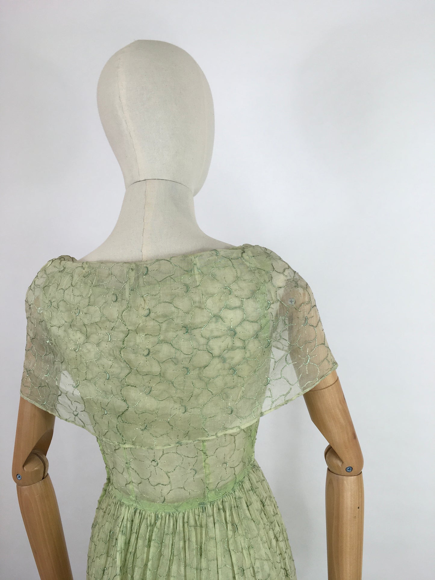 Original 1930s Full Length Summer Dress - In a Beautiful Soft Green Embroidered Cotton Lawn