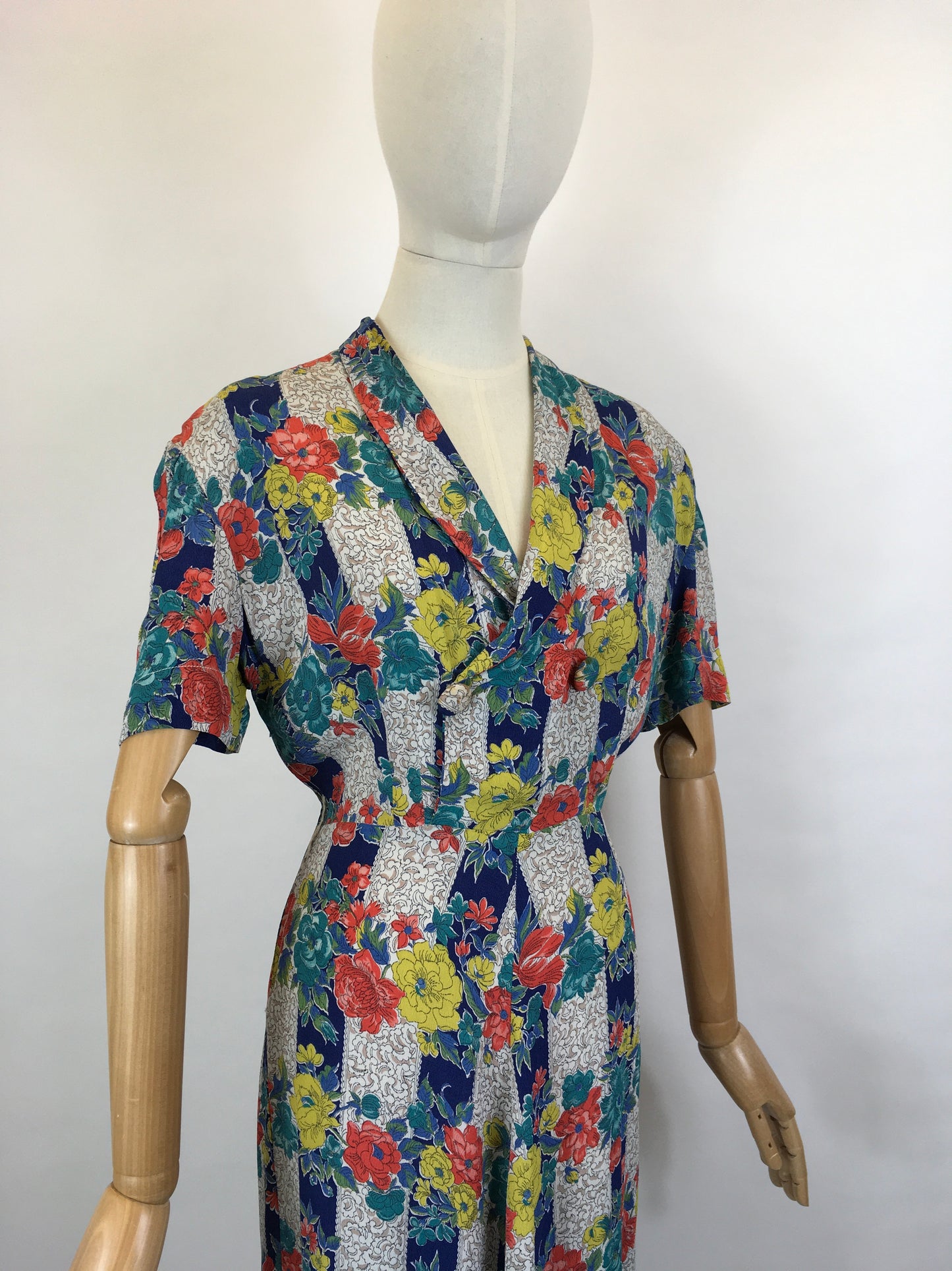 Original 1940’s STUNNING Fine Crepe Day Dress - Floral Brights in Reds, Blues, Chartreuse, Peacock and Fawns