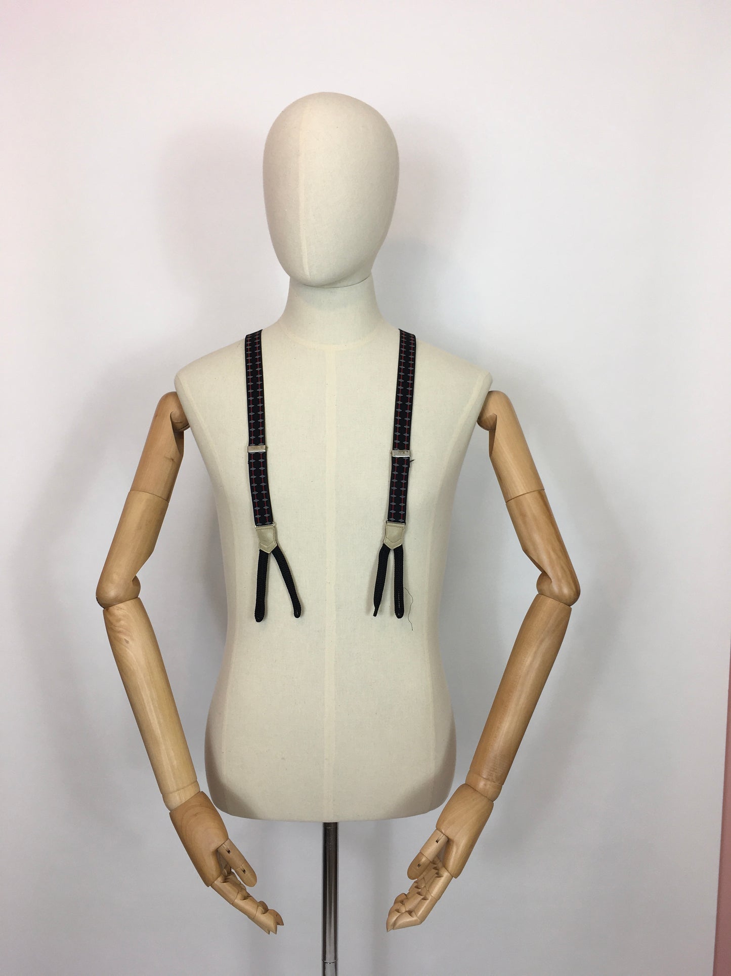 Original Men’s Braided End Button Braces - In A Geometric Print in Black, Red & Greys