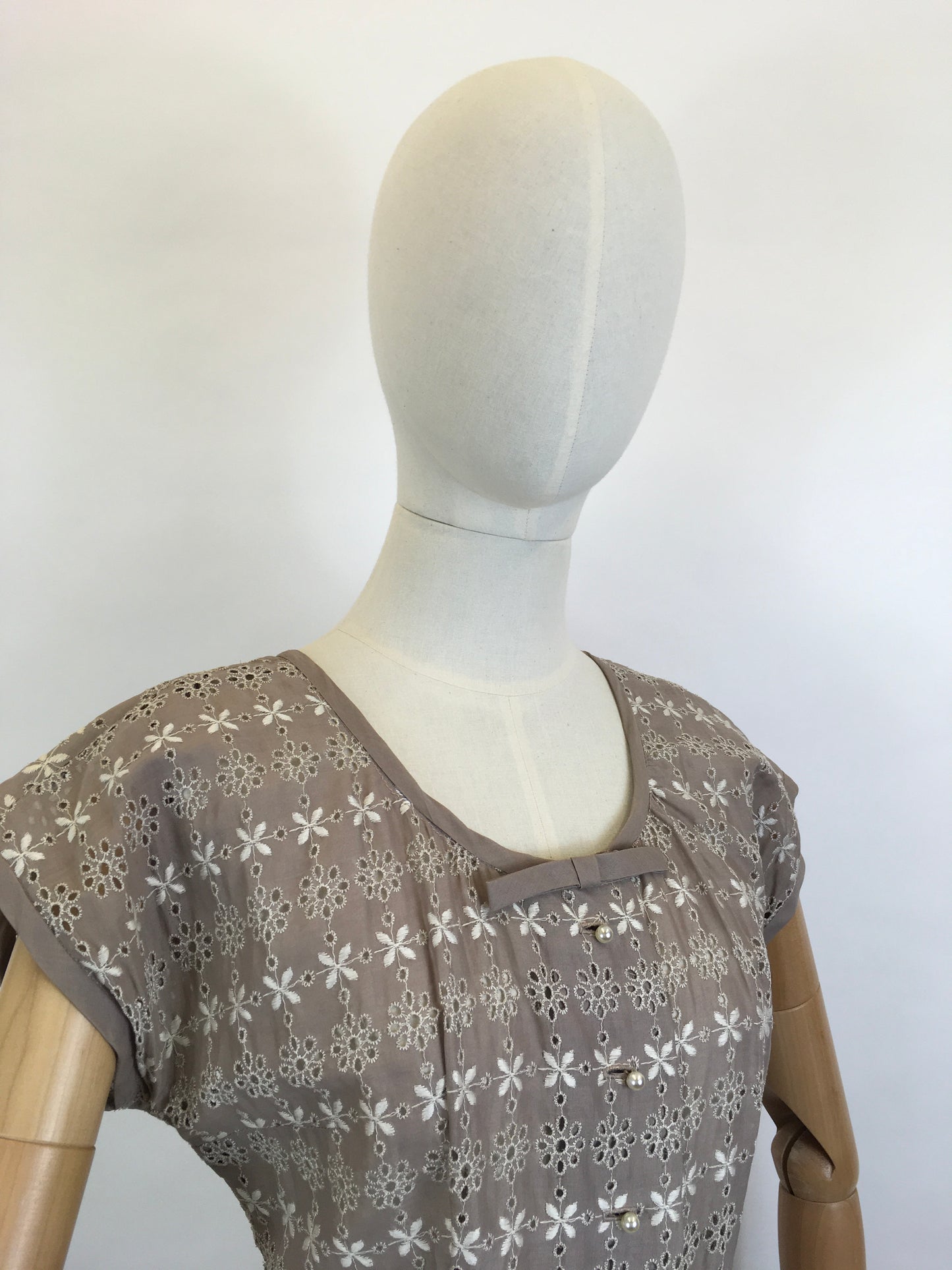 Original 1950’s Darling Broderie Anglaise Cotton Day Dress - In a Soft Fawn with White Accents