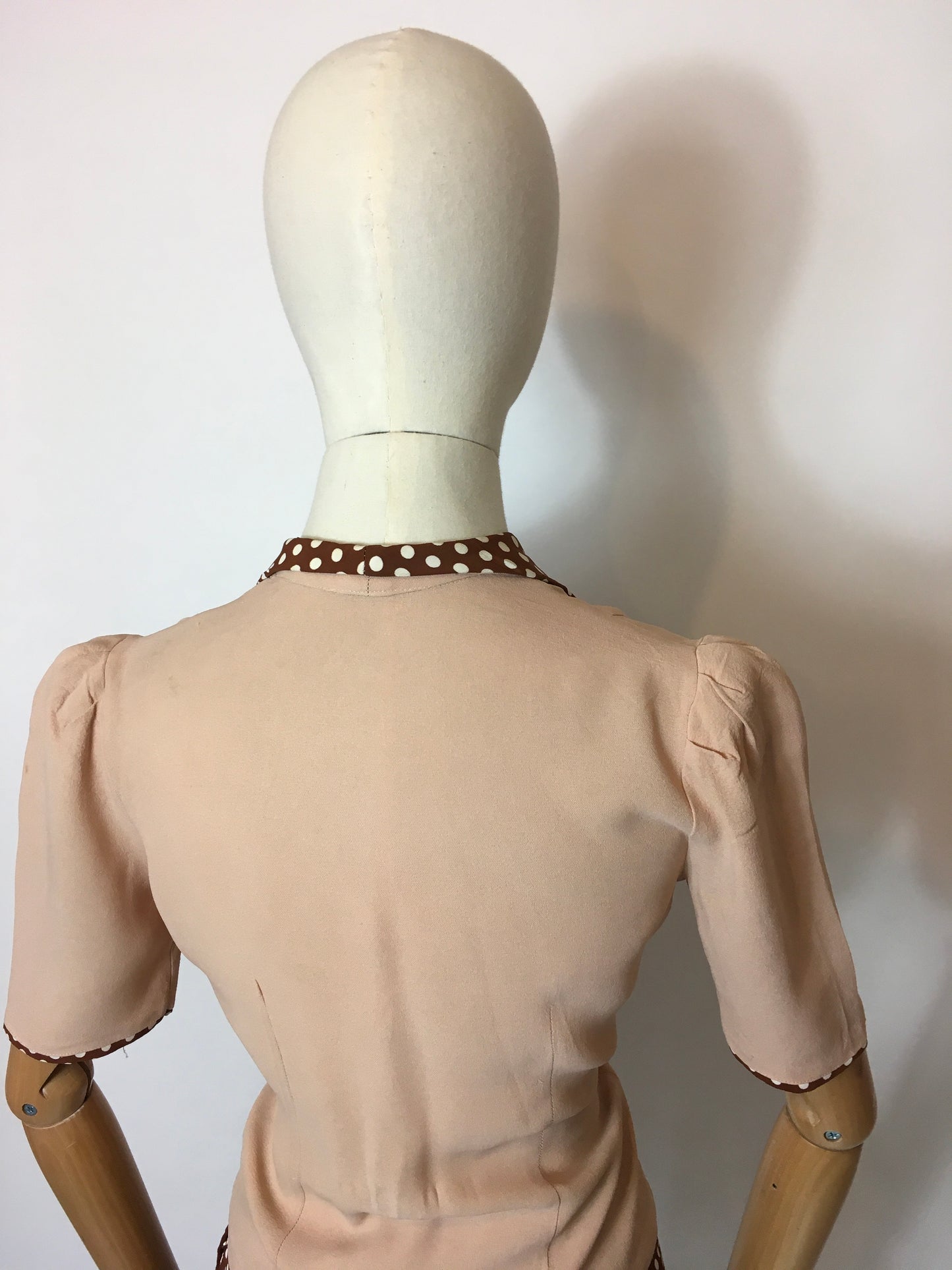 Original 1940’s Darling 2 pc Crepe Suit - In the Most Beautiful Contrast Blush Pink & Brown Polka Dot Crepe