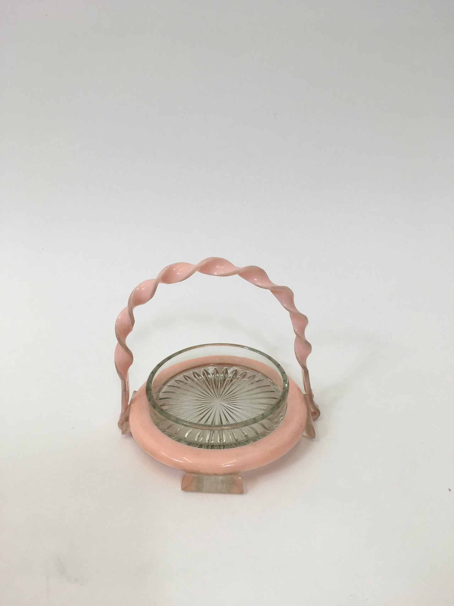 Original 1940's / 1950's Fabulous Lucite and Glass Trinket Dish - With Twisted Handle in Pastel Pink